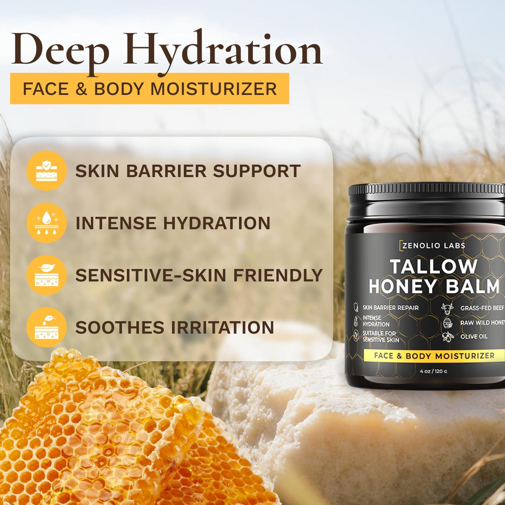 Zenolio Labs Organic Beef Tallow Balm for Face & Body — Whipped Grass-Fed Moisturizer with Raw Honey & Beeswax