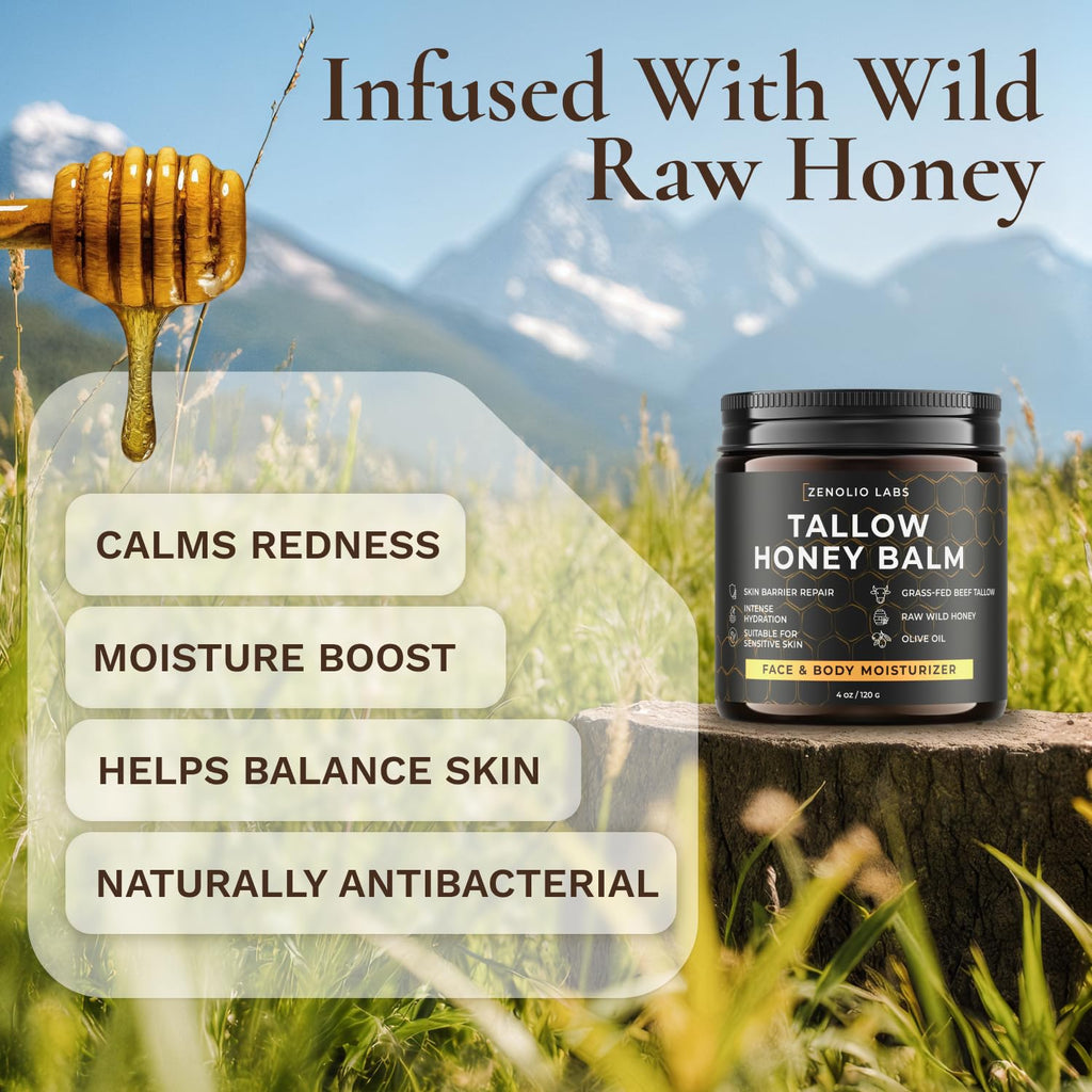 Zenolio Labs Organic Beef Tallow Balm for Face & Body — Whipped Grass-Fed Moisturizer with Raw Honey & Beeswax