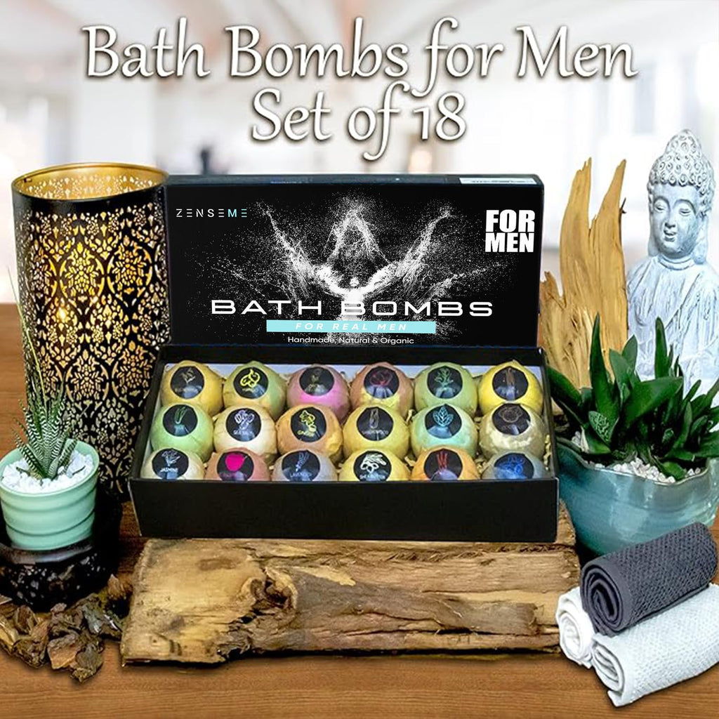 ZenseMe Bath Bombs for Men – Gift Set of 18 Organic Handmade 2.5 oz Bath Bombs with Essential Oils