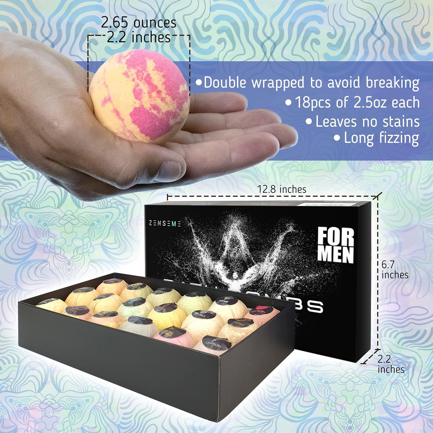 ZenseMe Bath Bombs for Men – Gift Set of 18 Organic Handmade 2.5 oz Bath Bombs with Essential Oils