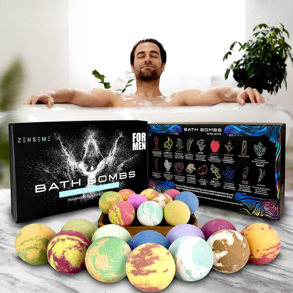 ZenseMe Bath Bombs for Men – Gift Set of 18 Organic Handmade 2.5 oz Bath Bombs with Essential Oils