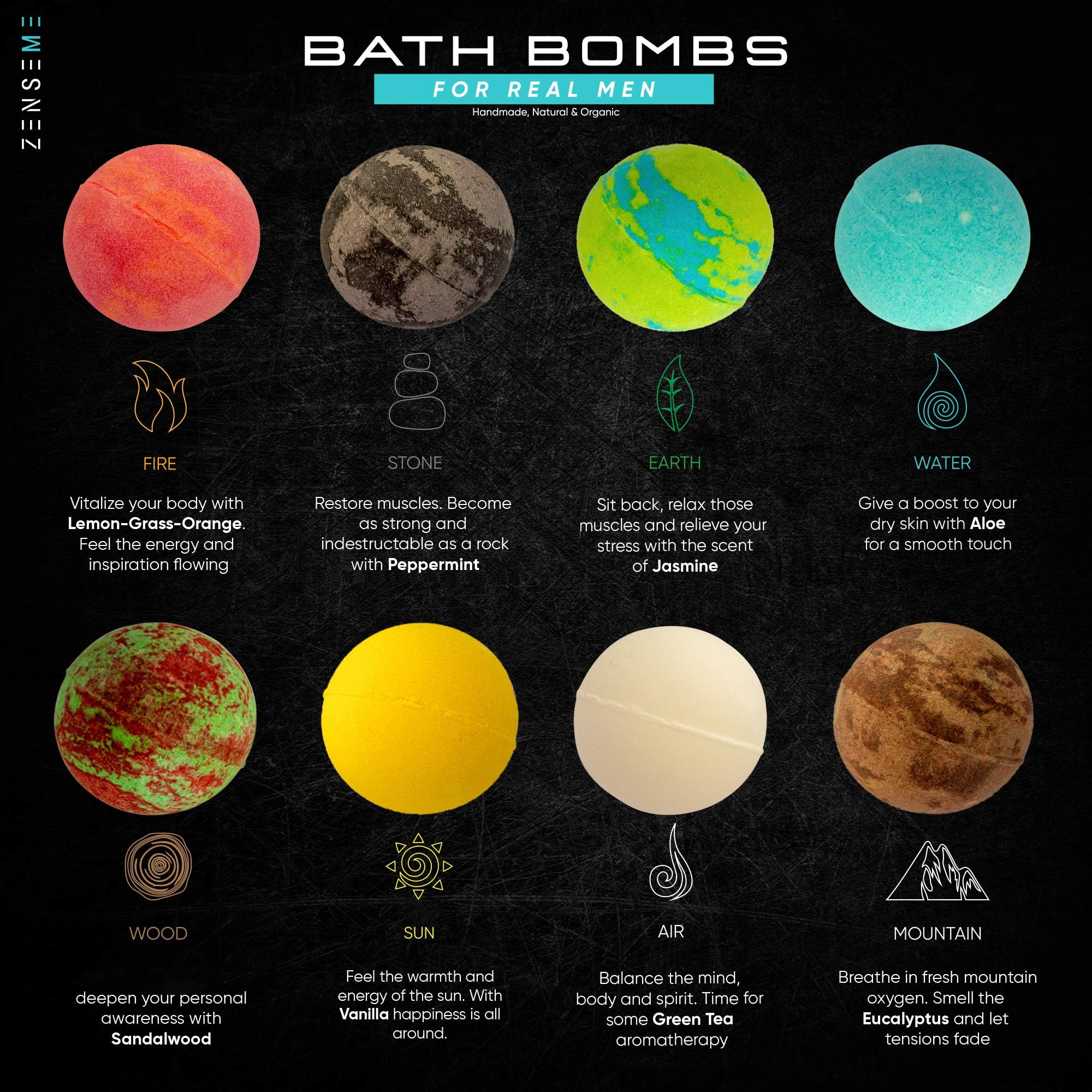 ZenseMe Bath Bombs for Men – Gift Set of 8 Organic Handmade 2.5 oz Bath Bombs