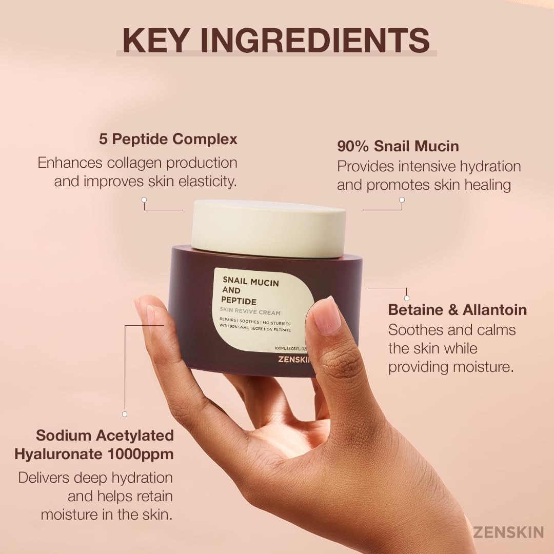 Zenskin Snail Mucin & Peptide Cream – 90% Snail Mucin, 5 Peptides, Deep Hydration, 100ml