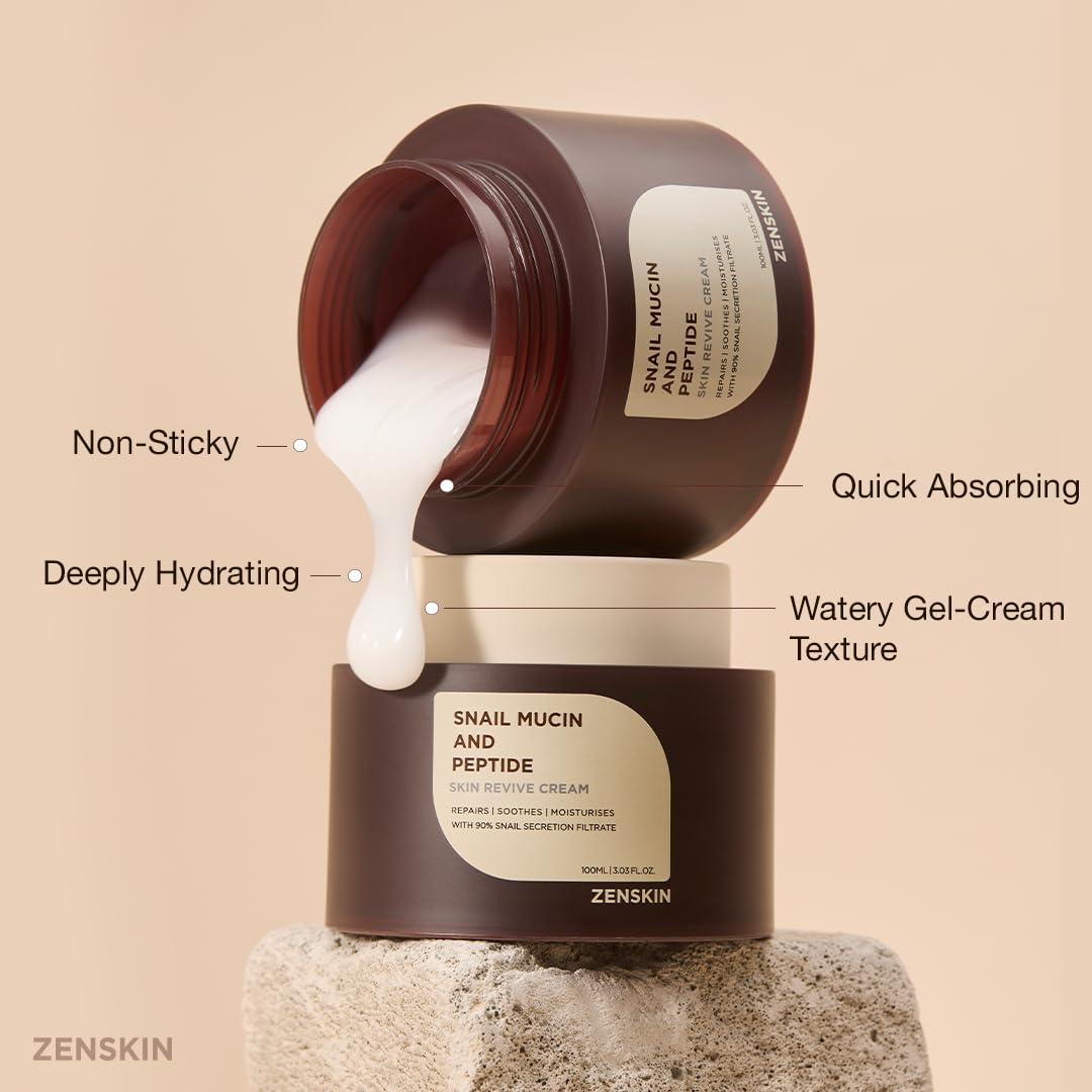 Zenskin Snail Mucin & Peptide Cream – 90% Snail Mucin, 5 Peptides, Deep Hydration, 100ml