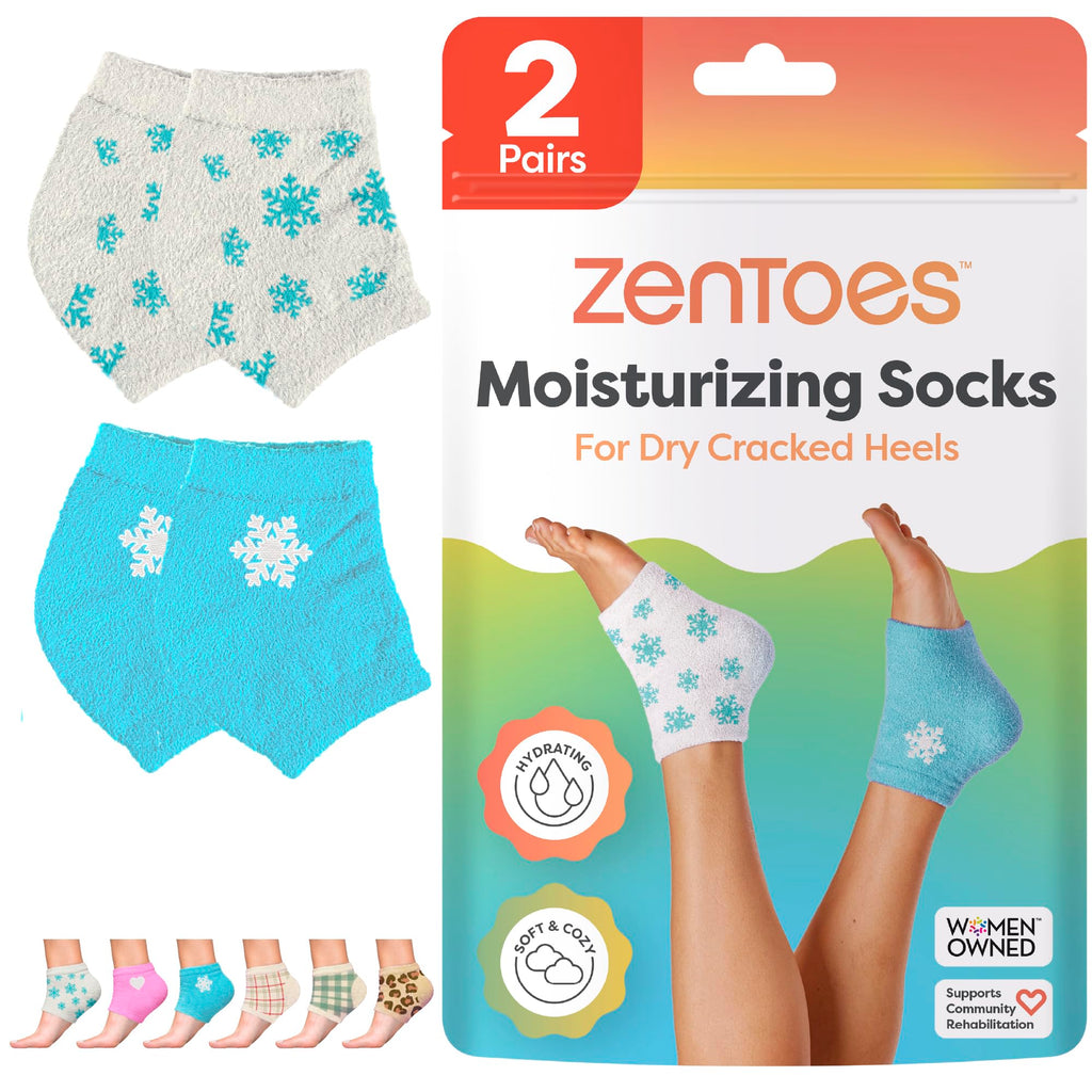ZenToes Moisturizing Socks for Cracked Heel Treatment – Vitamin E, Olive Oil & Jojoba Infused (Regular, White & Blue Snowflake)