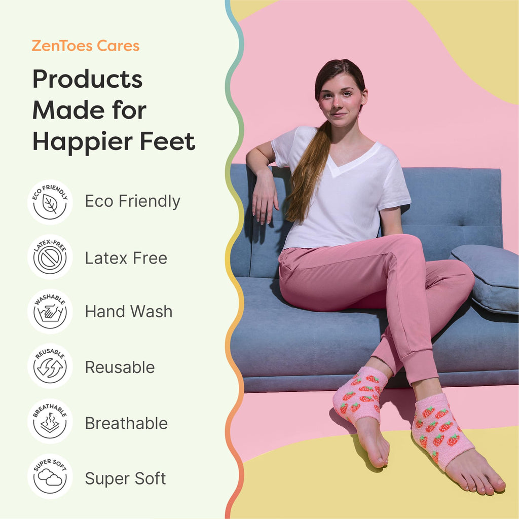 ZenToes Moisturizing Socks for Dry Heels – Vitamin E, Olive & Jojoba Oils (Pink Strawberries, Regular)