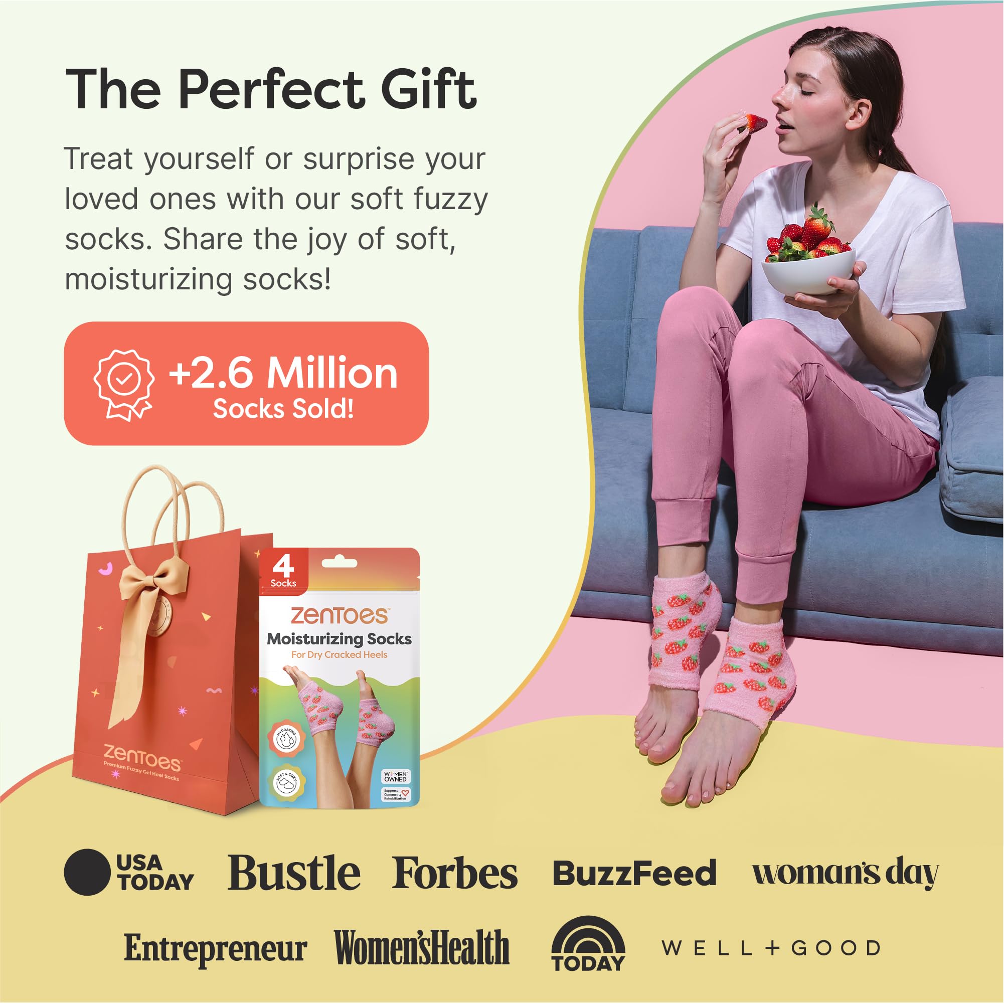 ZenToes Moisturizing Socks for Dry Heels – Vitamin E, Olive & Jojoba Oils (Pink Strawberries, Regular)