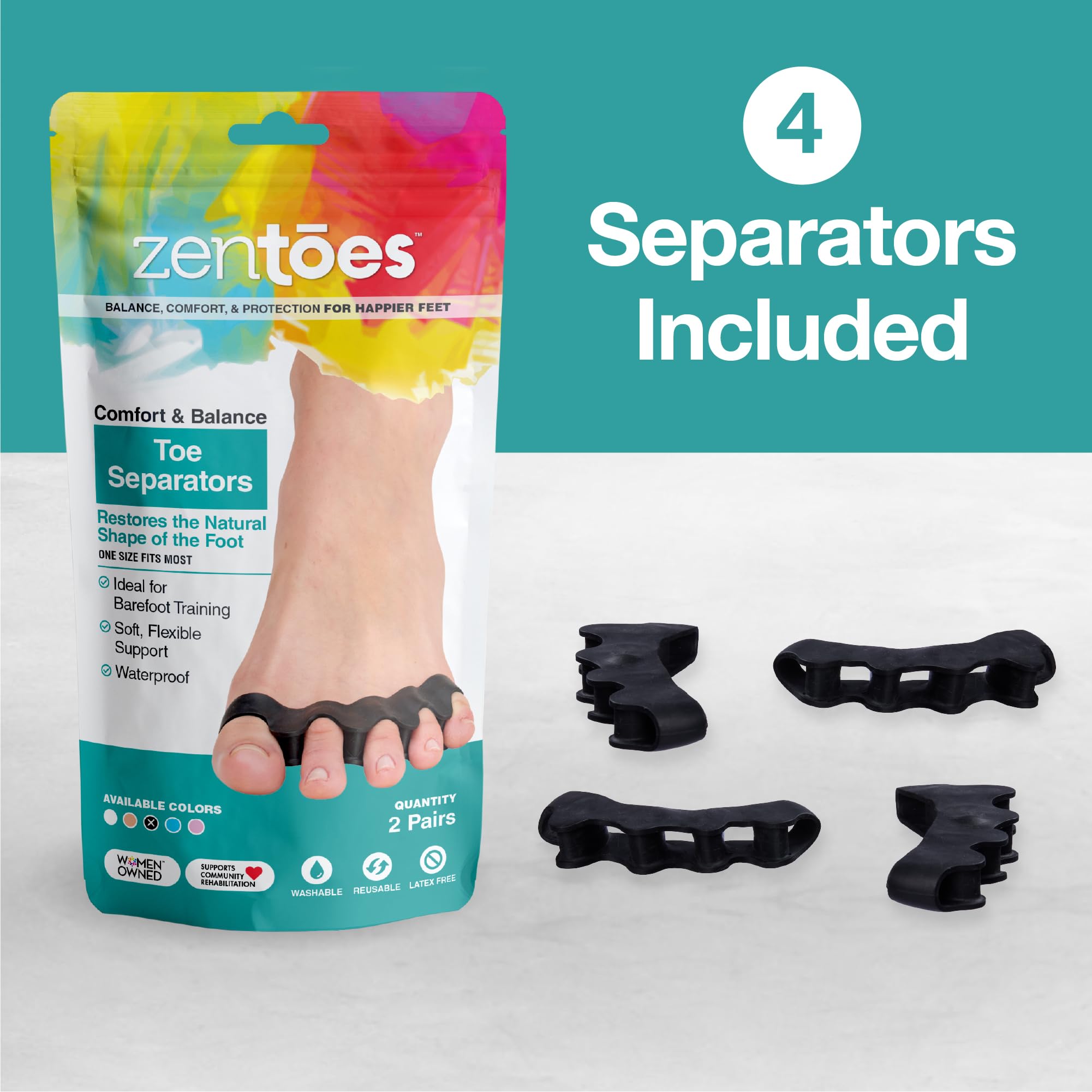 ZenToes Silicone Toe Spacers and Separators – 2 Pairs (Black) for Toe Alignment and Comfort