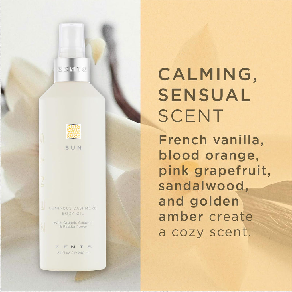 Zents Luminous Cashmere Body Oil (Sun Fragrance) – Moisturizing Oil with Vitamin E & Coconut Oil | 8 fl oz