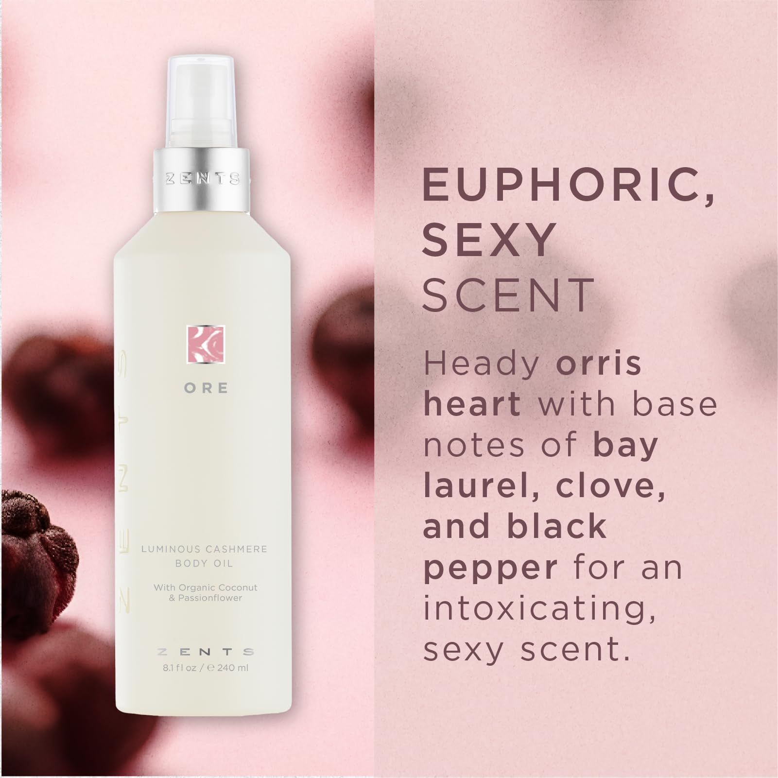 ZENTS Luminous Cashmere Body Oil – Ore Fragrance, Vitamin E & Coconut Oil, 8 fl oz