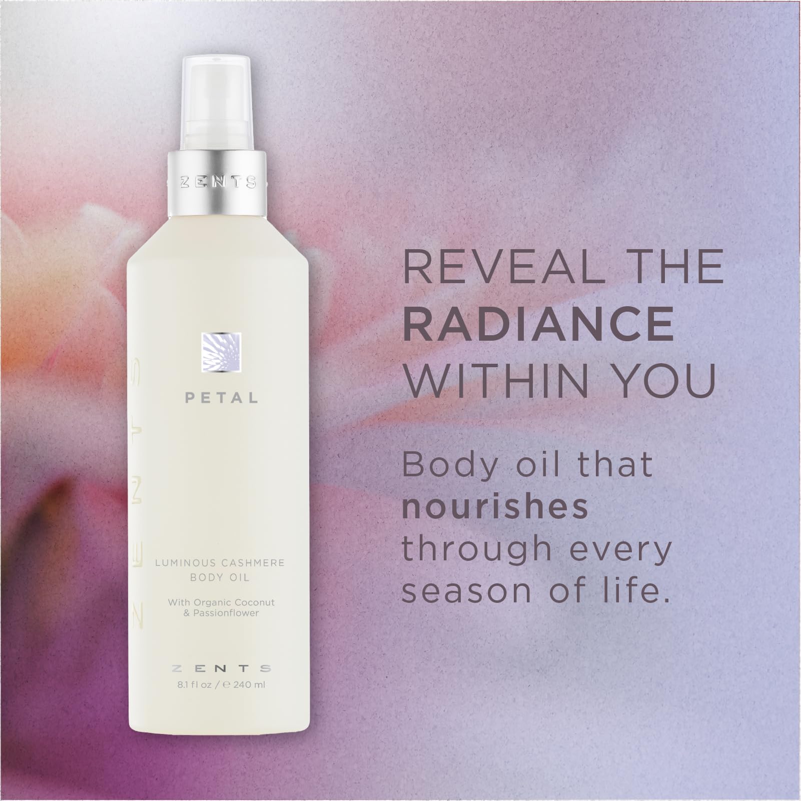 Zents Luminous Cashmere Body Oil – Petal Fragrance | Hydrating Oil with Vitamin E & Coconut Oil | Softens & Smooths Skin | 8 fl oz