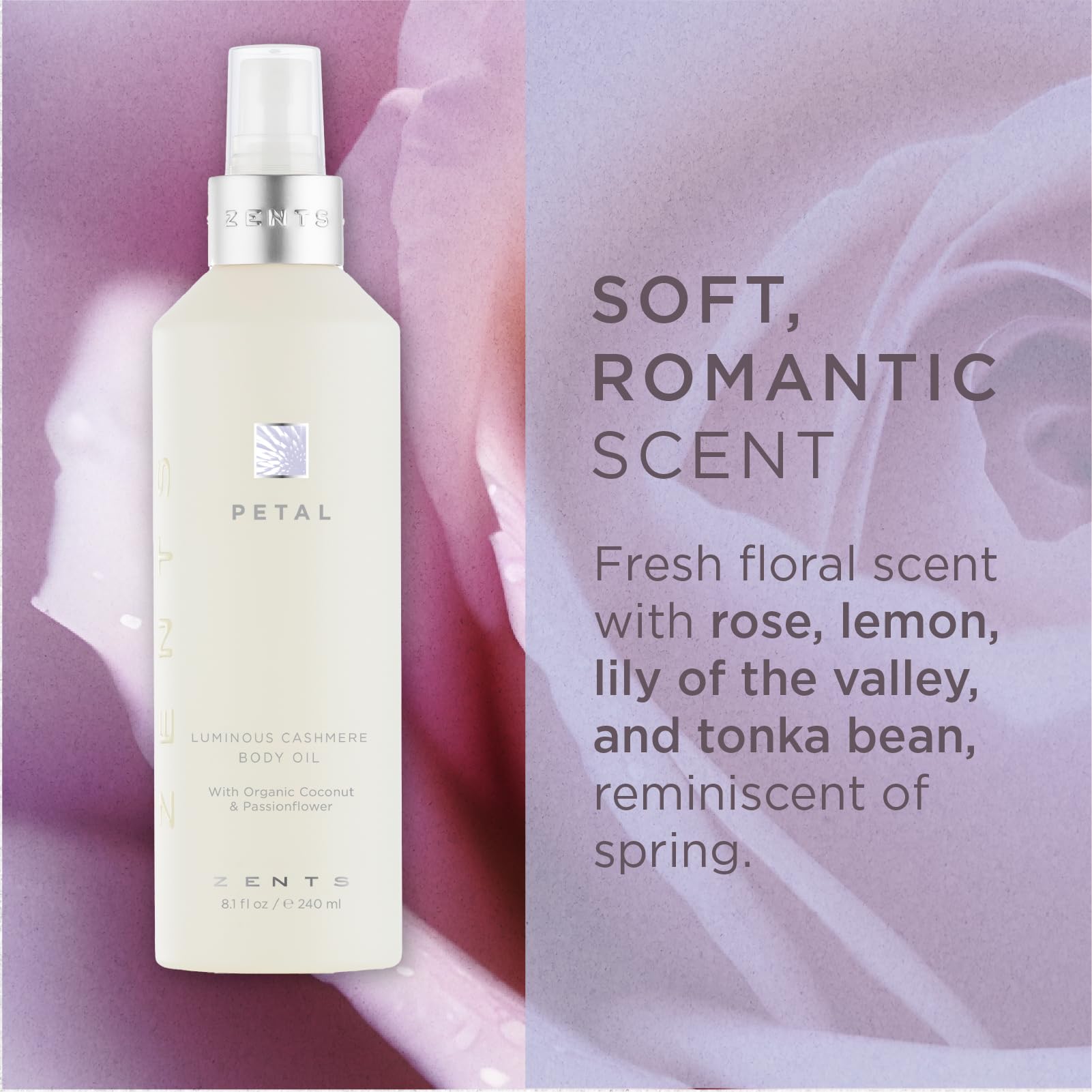 Zents Luminous Cashmere Body Oil – Petal Fragrance | Hydrating Oil with Vitamin E & Coconut Oil | Softens & Smooths Skin | 8 fl oz