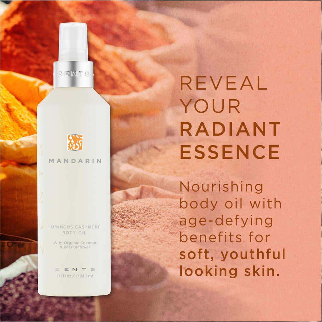 Zents Luminous Cashmere Body Oil (Mandarin Fragrance) | Moisturizing Oil with Vitamin E & Coconut Oil | 8 fl oz