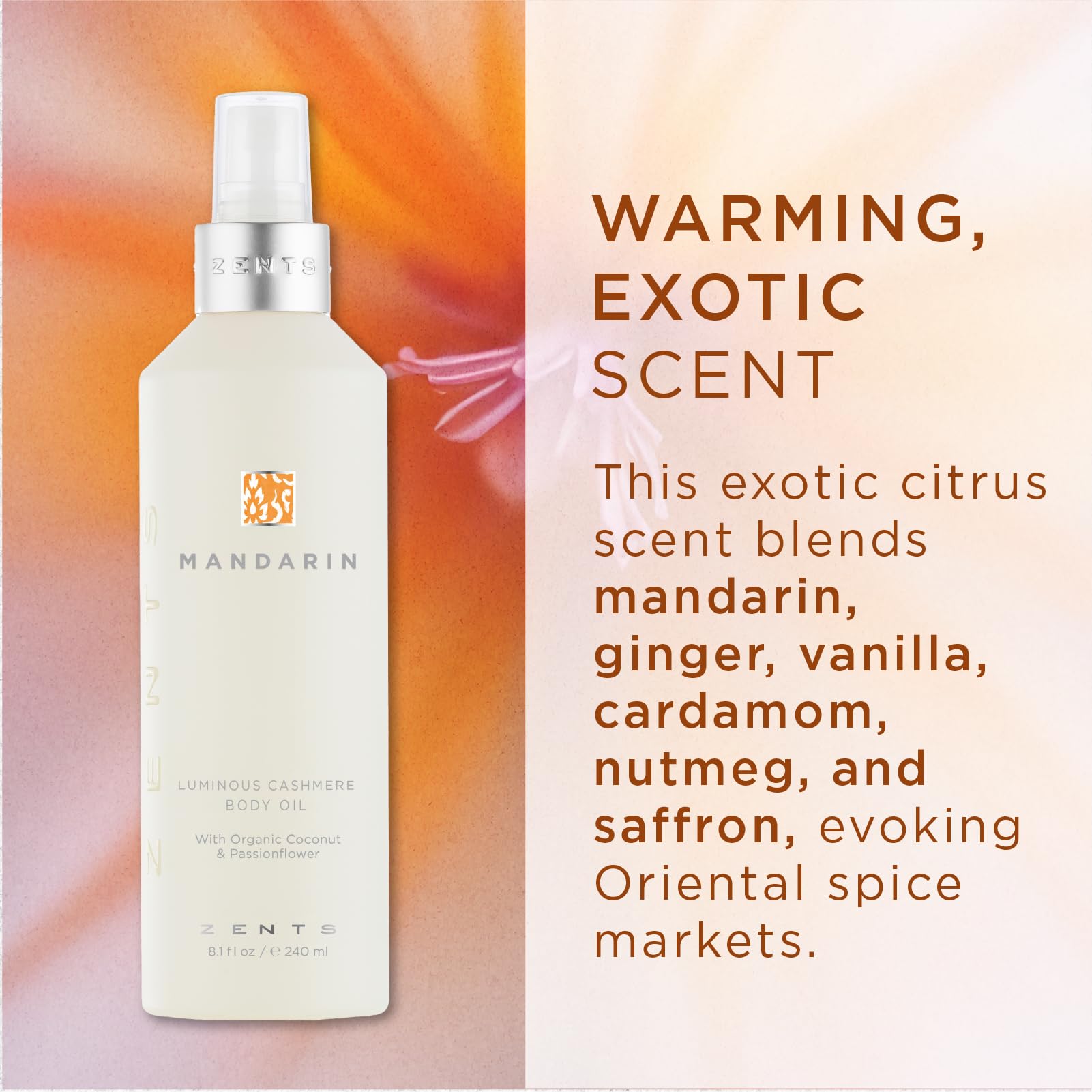 Zents Luminous Cashmere Body Oil (Mandarin Fragrance) | Moisturizing Oil with Vitamin E & Coconut Oil | 8 fl oz