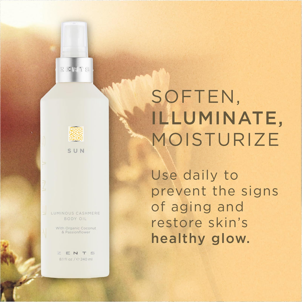 Zents Luminous Cashmere Body Oil (Sun Fragrance) – Moisturizing Oil with Vitamin E & Coconut Oil | 8 fl oz