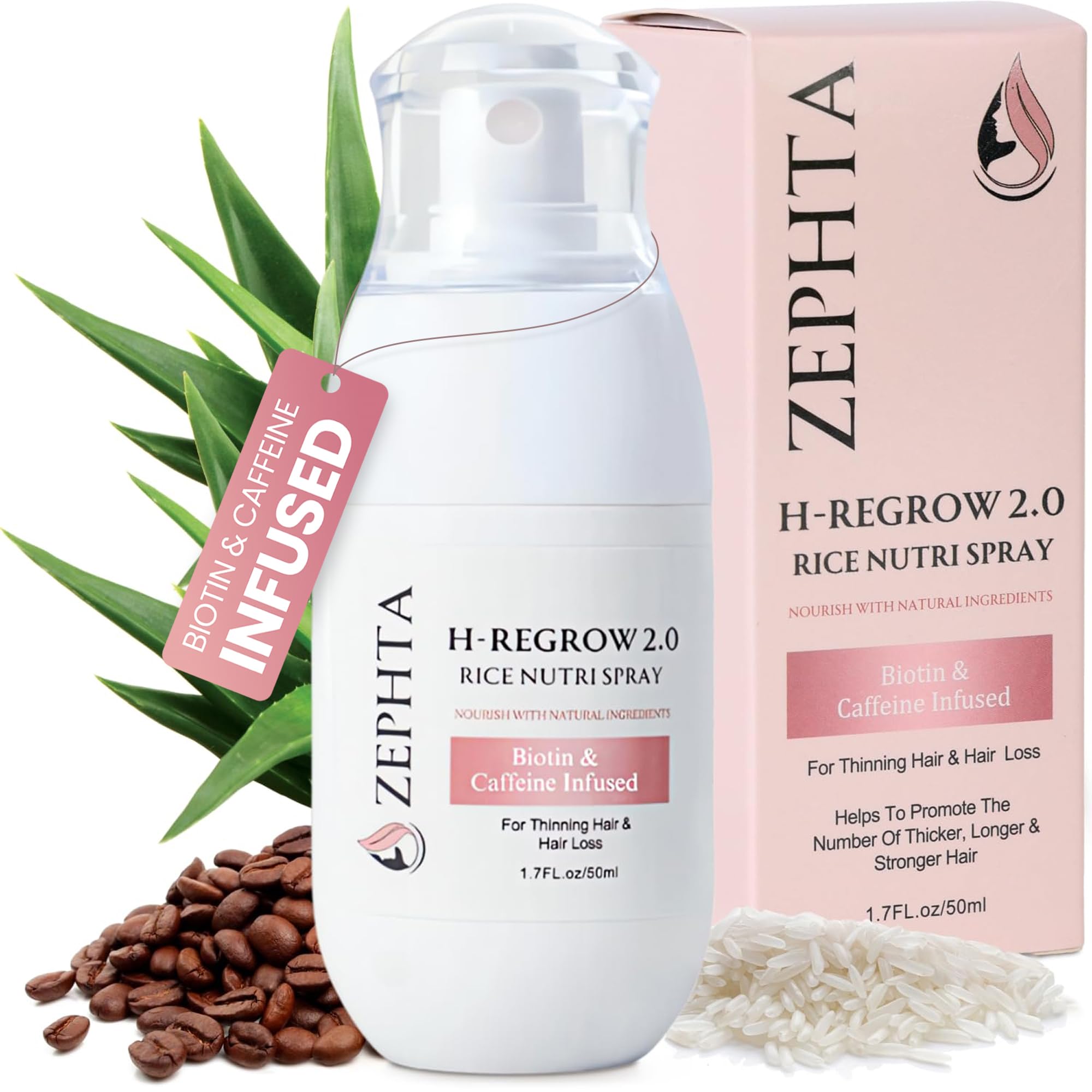 Zephta H-Regrow Hair Growth Spray – Rice Water, Biotin, Aloe Vera, Caffeine & Ginger – Unisex Hair Thinning Support