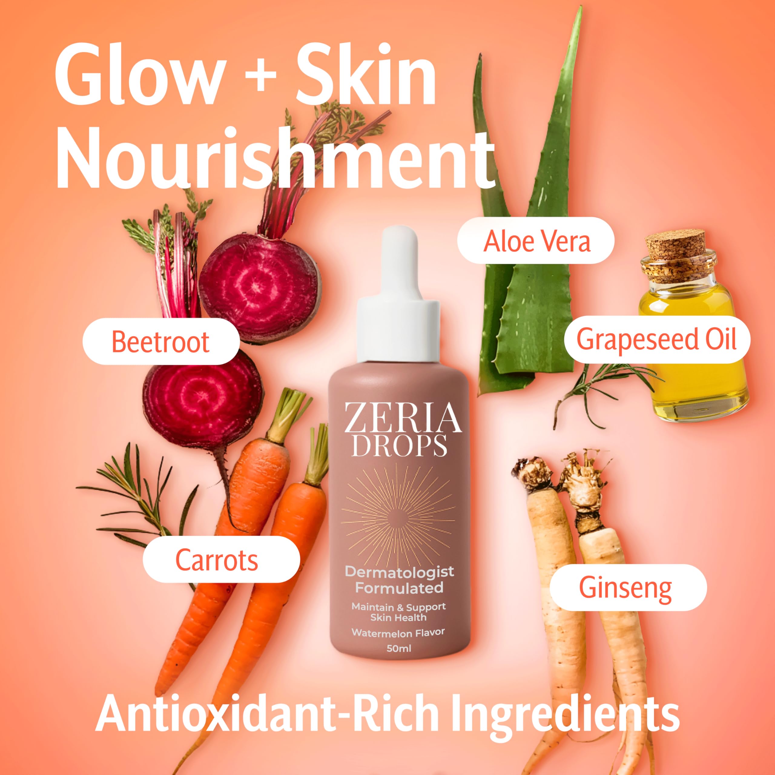 Zeria Tanning Drops to Drink – Vegan Edible Self Tanner for Face & Body (Watermelon, 50mL)