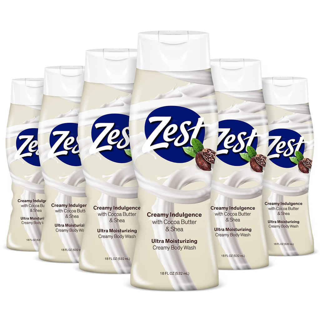 Zest Cocoa Butter & Shea Body Wash – Moisturizing, Paraben-Free, 18 oz (Pack of 6)