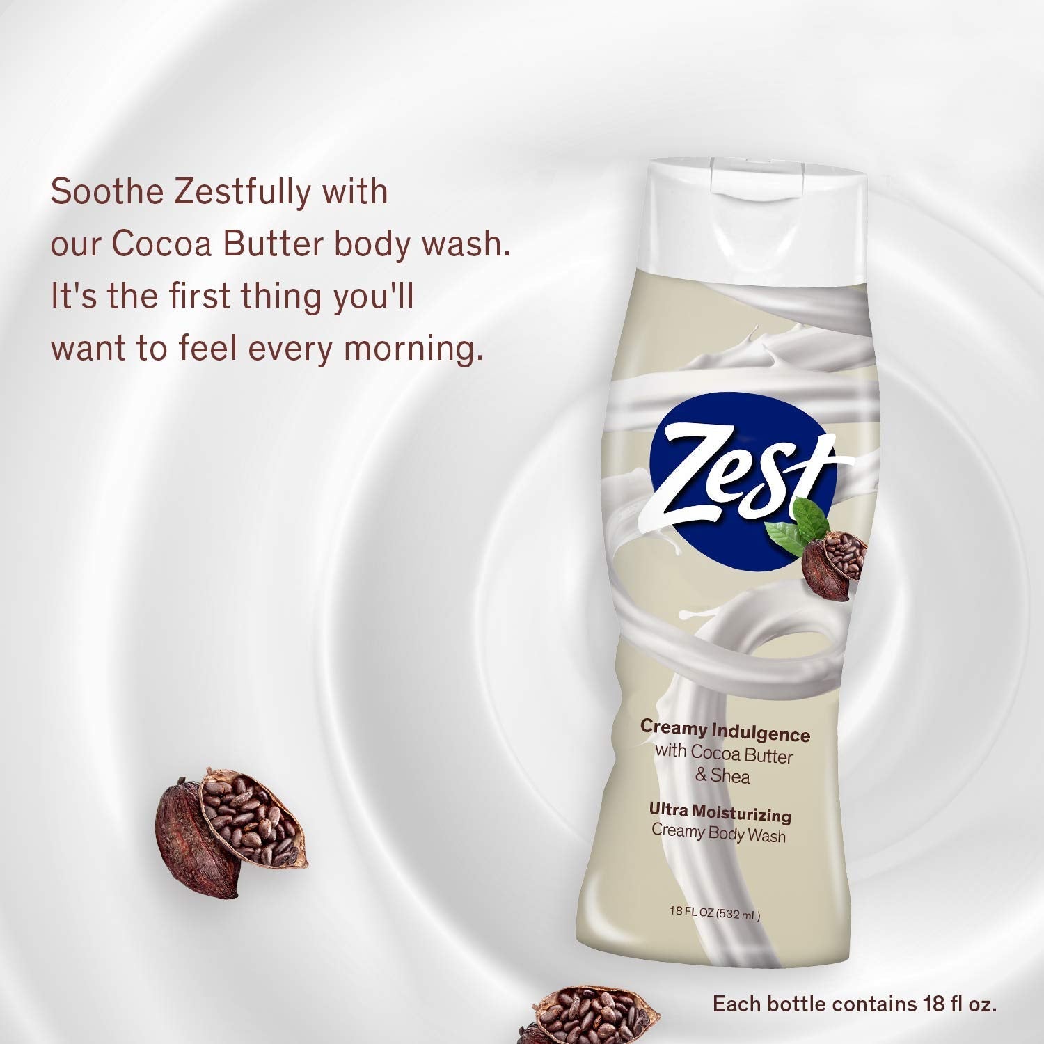 Zest Cocoa Butter & Shea Body Wash – Moisturizing, Paraben-Free, 18 oz (Pack of 6)