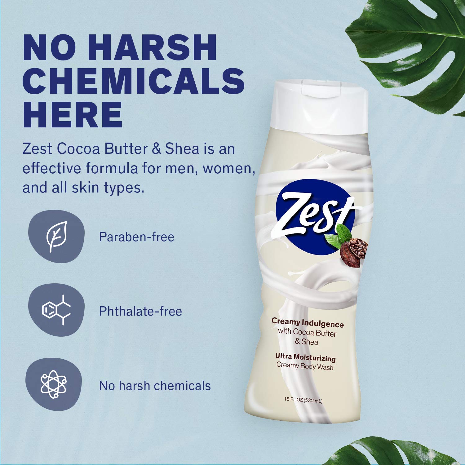 Zest Cocoa Butter & Shea Body Wash – Moisturizing, Paraben-Free, 18 oz (Pack of 6)