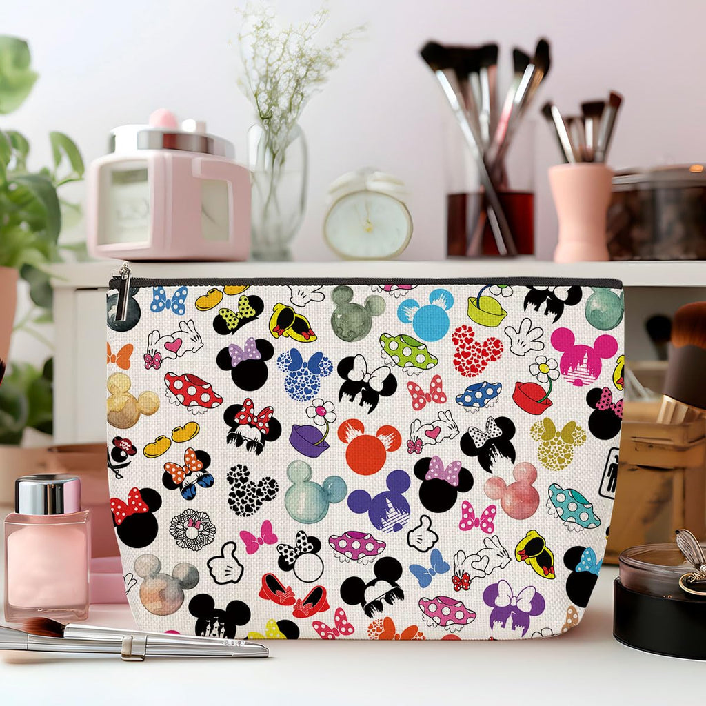 ZHAMEN 2-Pack Cute Mouse Print Makeup Bags – Linen Cosmetic Bags for Women