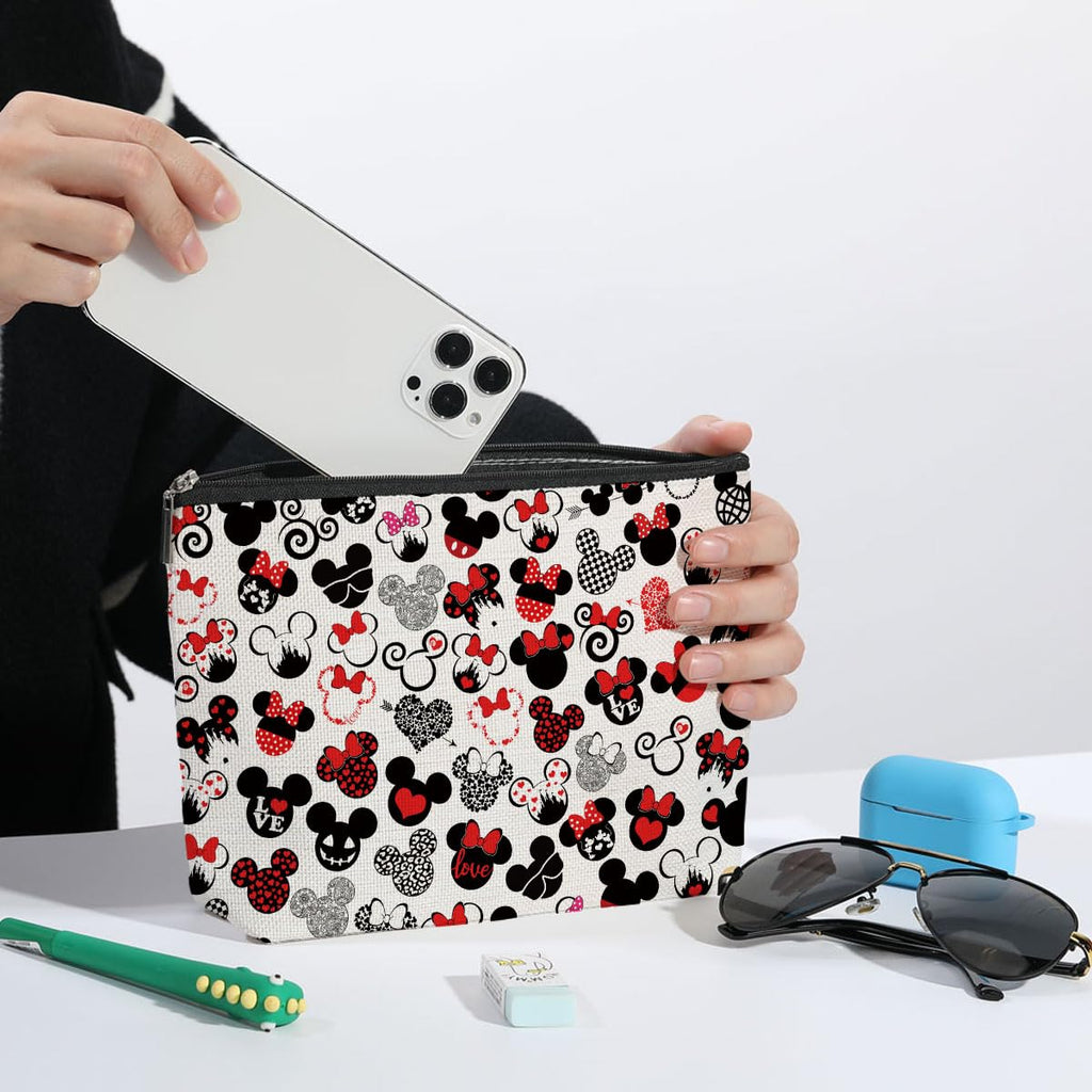 ZHAMEN 2-Pack Cute Mouse Print Makeup Bags – Linen Cosmetic Bags for Women