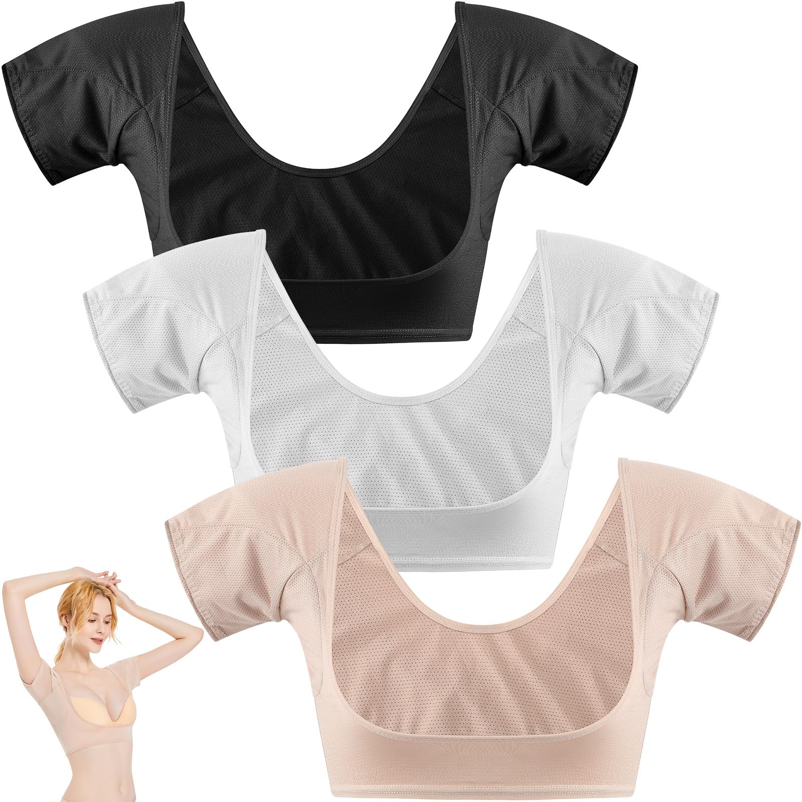 Zhanmai 3 Pcs Underarm Sweat Pads Vest for Women - Sweat-Proof Armpit Pads (Large, White/Beige/Black)