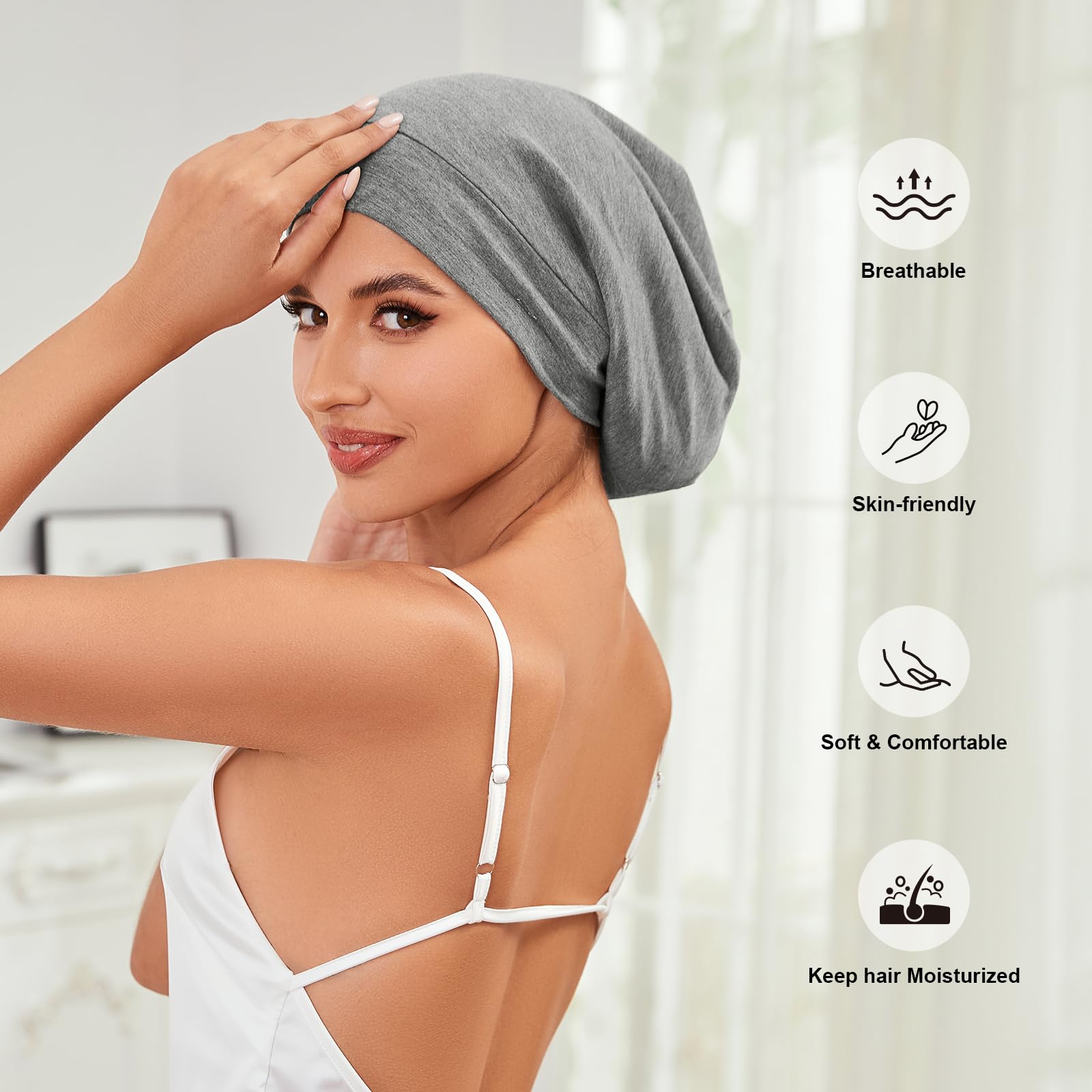 ZHENSILK 4-Piece Silk Satin Lined Sleep Cap Bonnets – Adjustable for Curly Hair & Braids (Color 06)