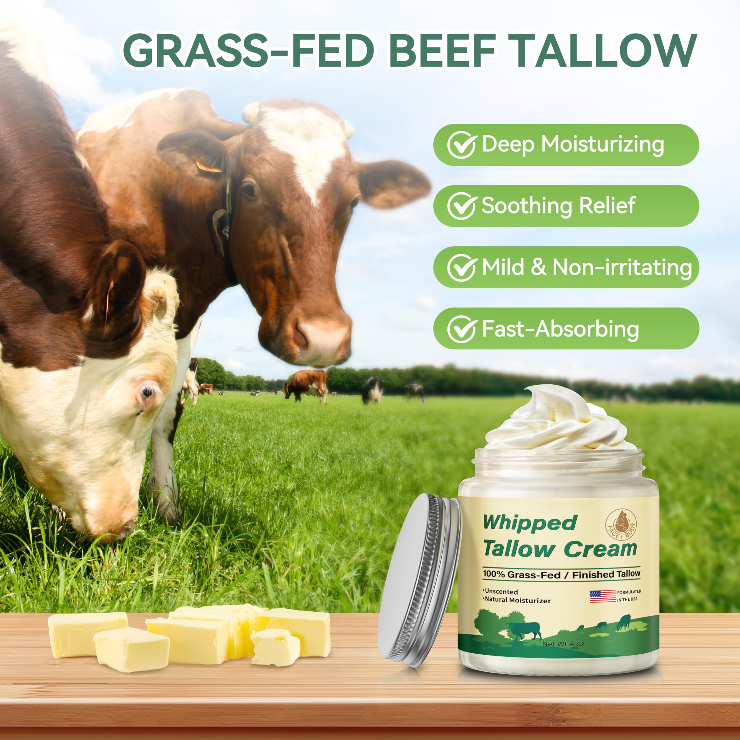 ZIIDII Beef Tallow Moisturizer – Organic Grass-Fed, Unscented Face & Body Balm, 4oz