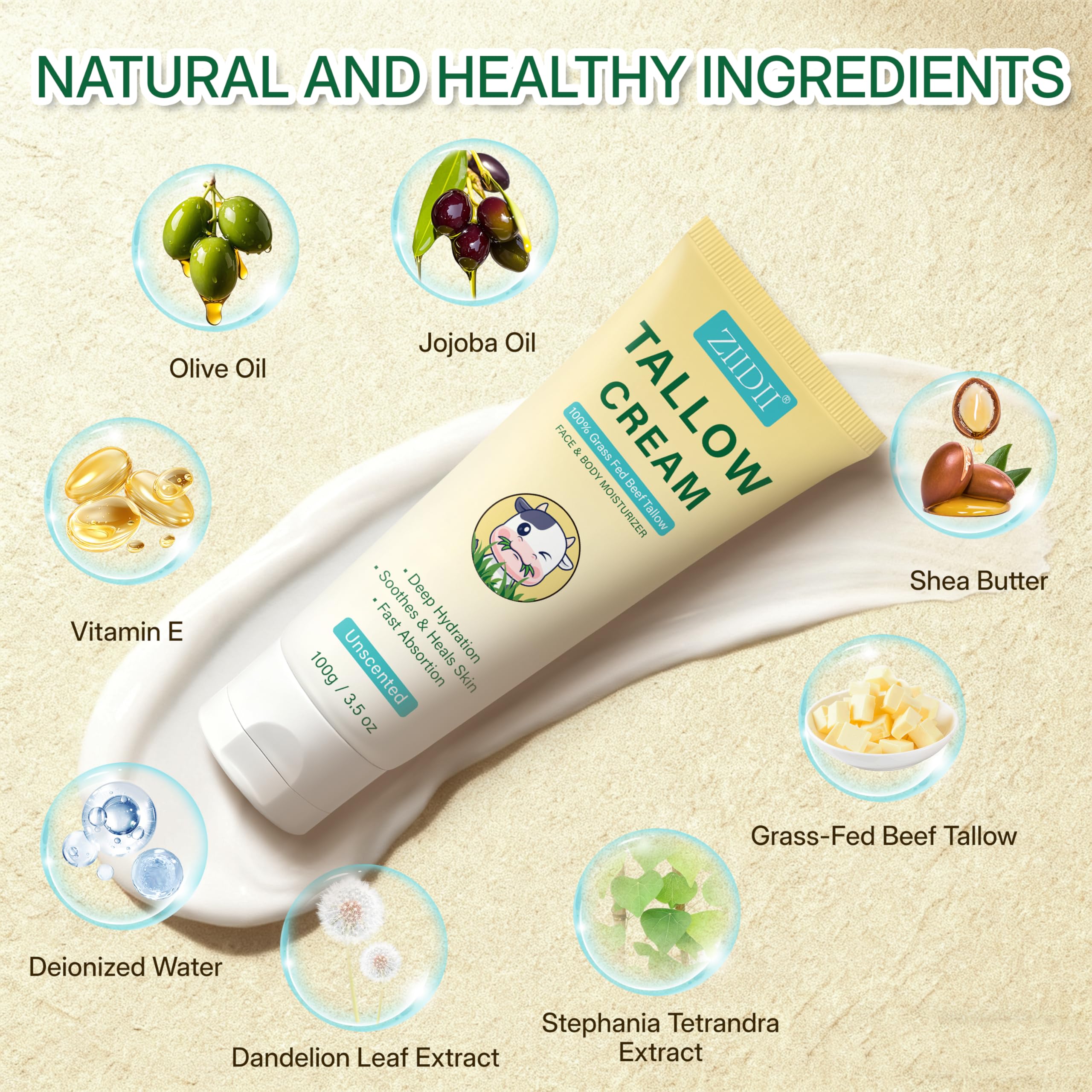 ZIIDII Beef Tallow Moisturizer – Unscented Deep Hydration for Dry Skin, 3.5oz