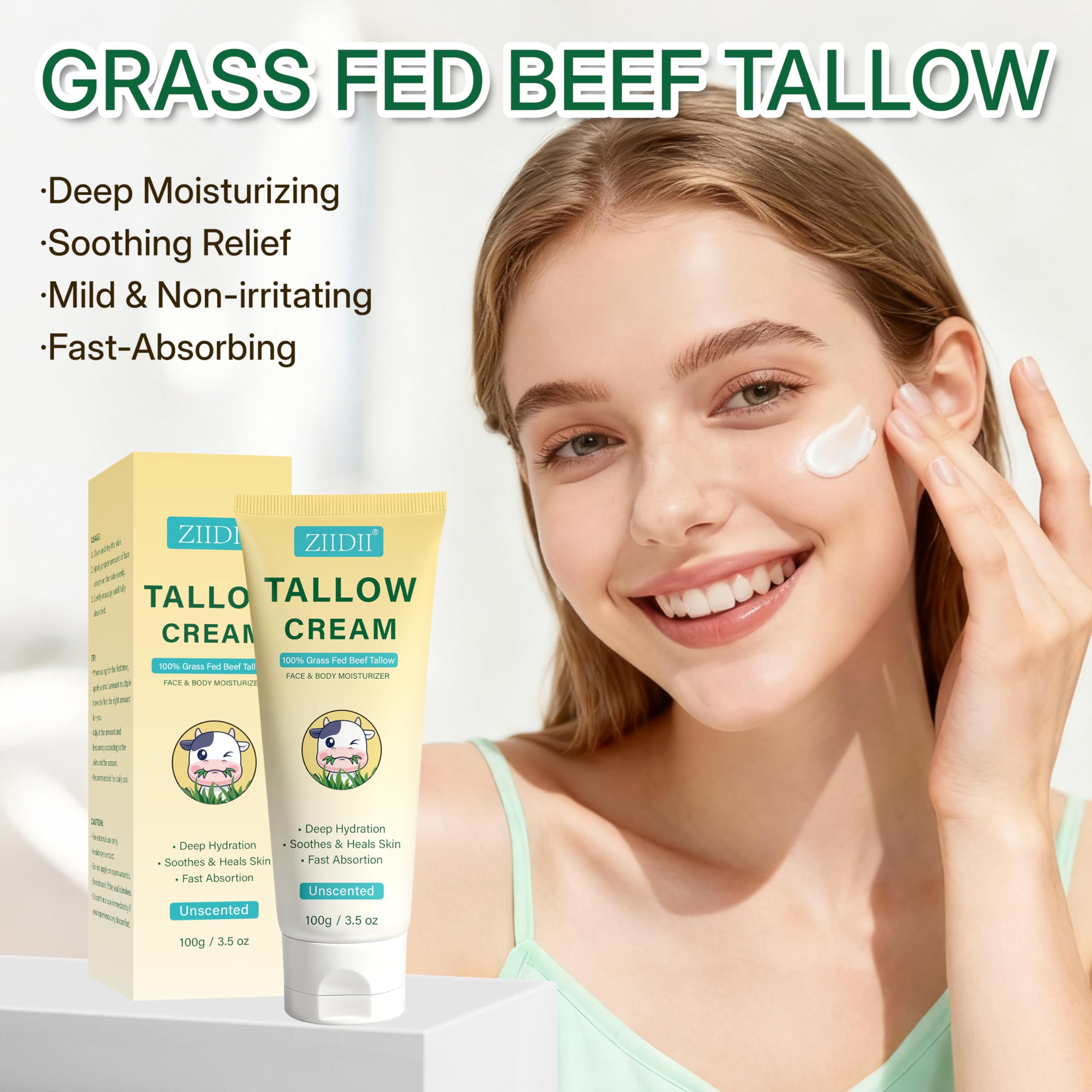 ZIIDII Beef Tallow Moisturizer – Unscented Deep Hydration for Dry Skin, 3.5oz