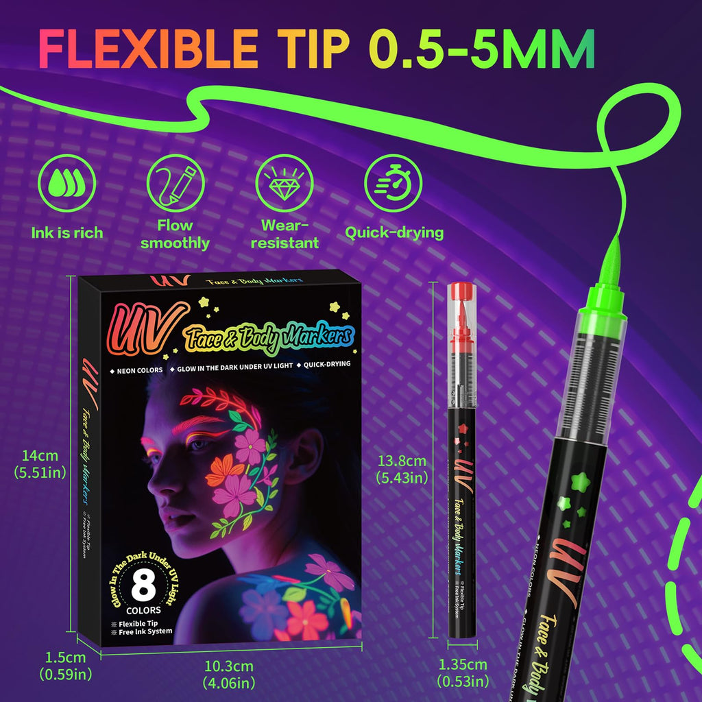 Zijimyyl Glow in the Dark Body Paint Kit — Neon UV Face Markers, 8 Colors, Washable