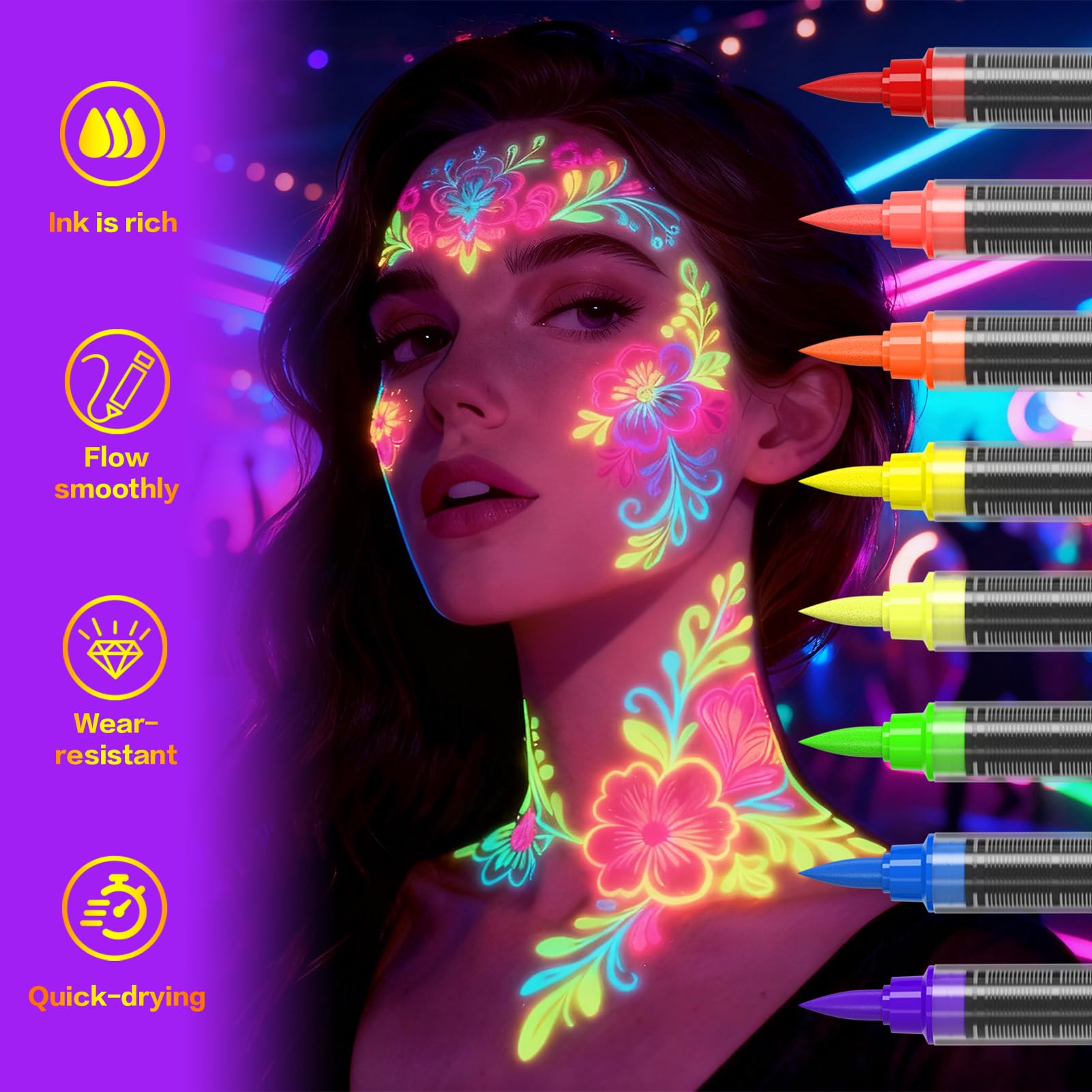 Zijimyyl Glow in the Dark Body Paint Kit — Neon UV Face Markers, 8 Colors, Washable
