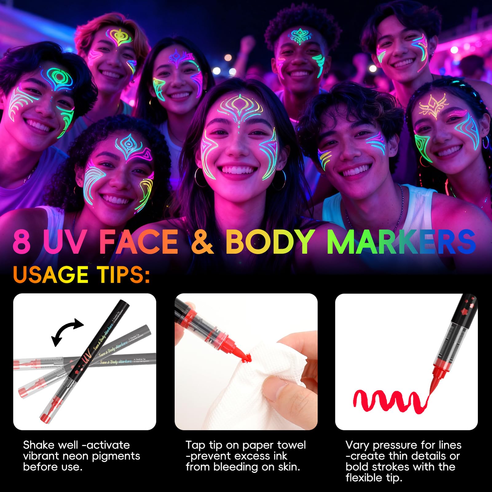 Zijimyyl Glow in the Dark Body Paint Kit — Neon UV Face Markers, 8 Colors, Washable