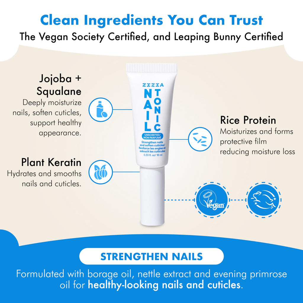 Zizia Botanicals Unscented Nail Tonic – Nourishing Nail & Cuticle Oil with Squalane, Rice Protein & Jojoba | Fragrance-Free, Vegan, Cruelty-Free, 0.33 fl oz