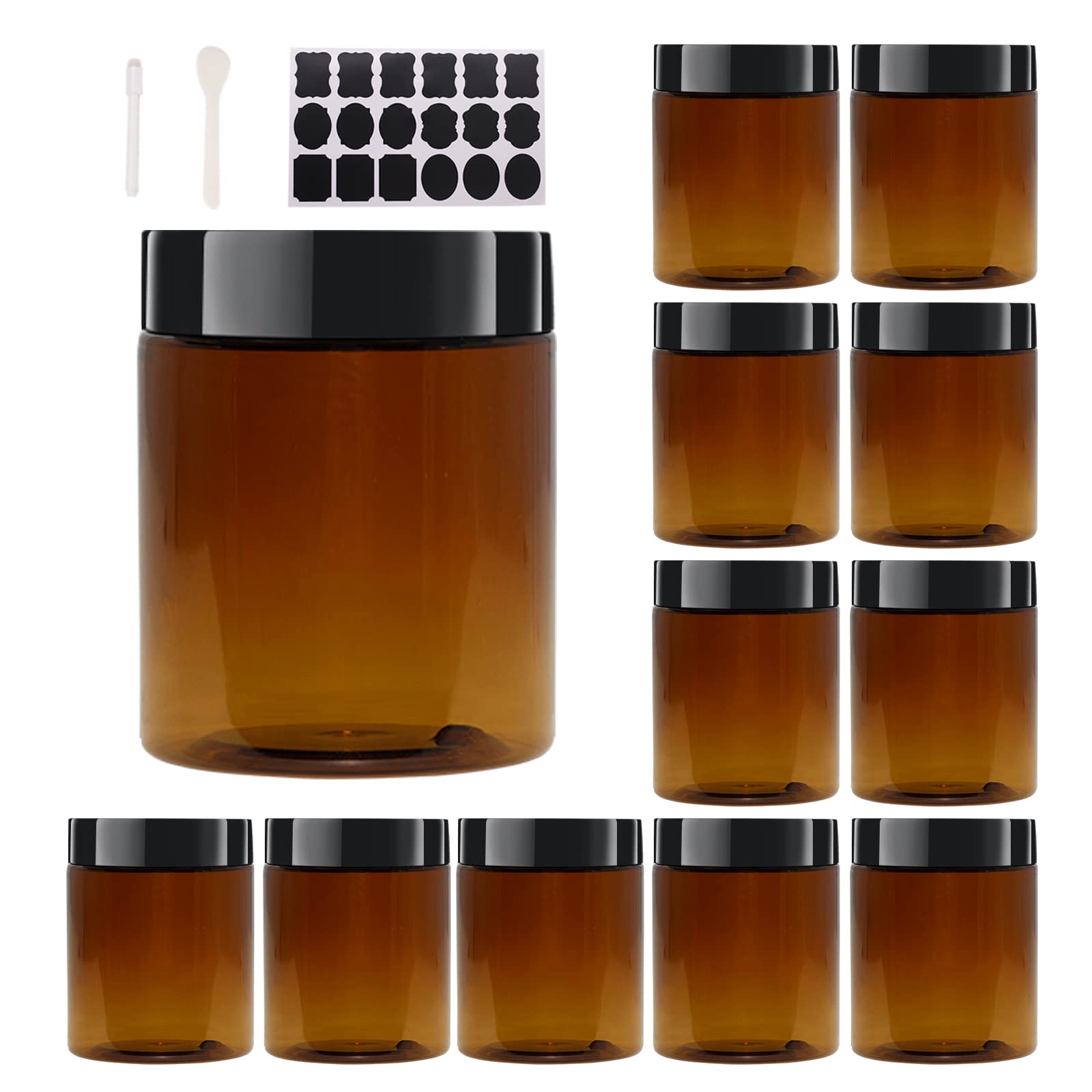 zmybcpack 12 Pack 8 oz Amber PET Jars with Black Lids, 6 Spatulas, Pen & Labels