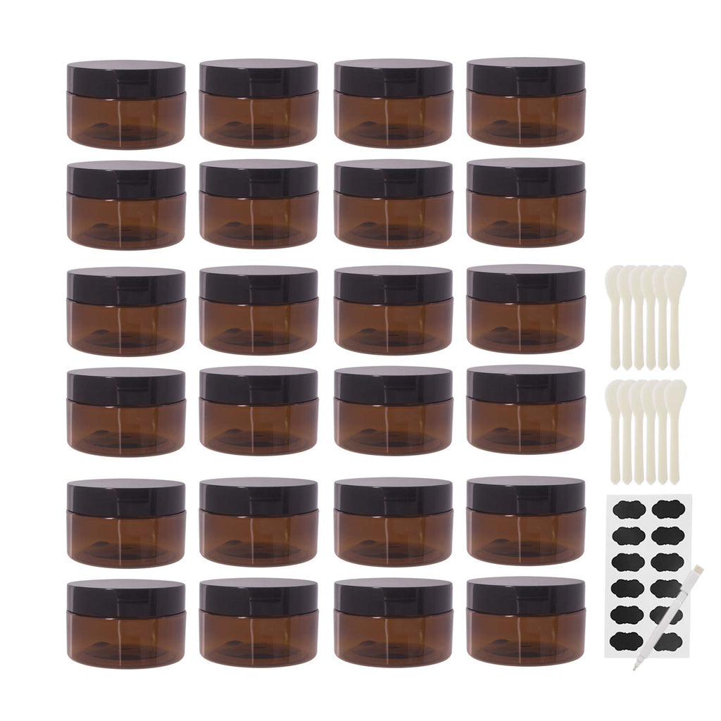 zmybcpack 24 Pack 3.3 oz Amber PET Jars with Black Lids, 12 Spatulas, Pen & Labels – Cosmetic Storage & Travel Jars