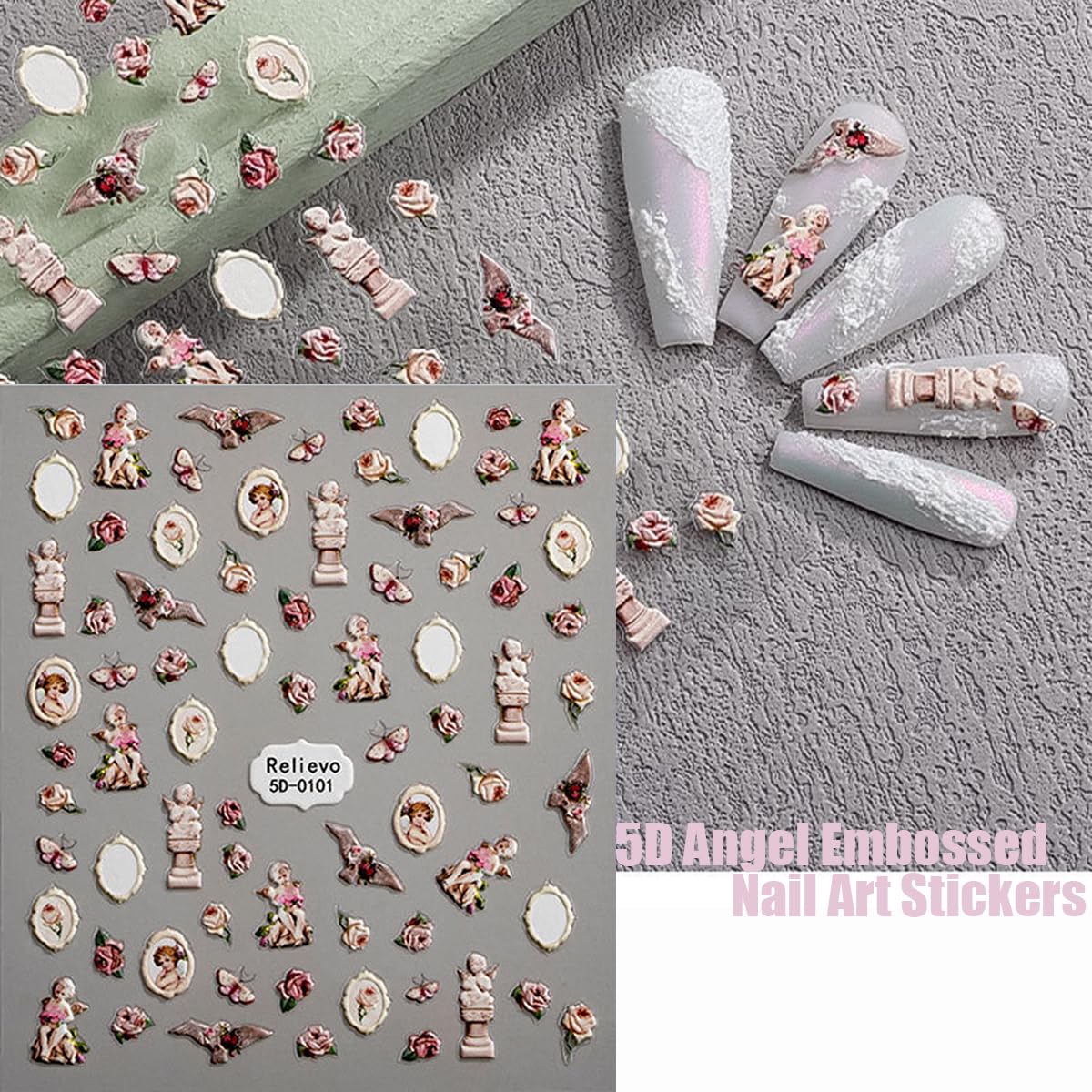 Zoance Embossed Angel Nail Stickers – 5D Stereoscopic Nail Art Decals
