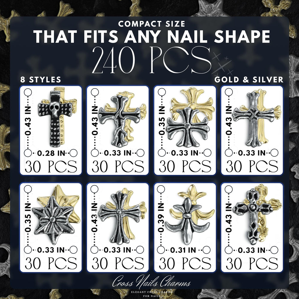 ZOKLU Silver & Gold Cross Nail Charms – 240 Pcs for Home, Salon & Holiday Manicures