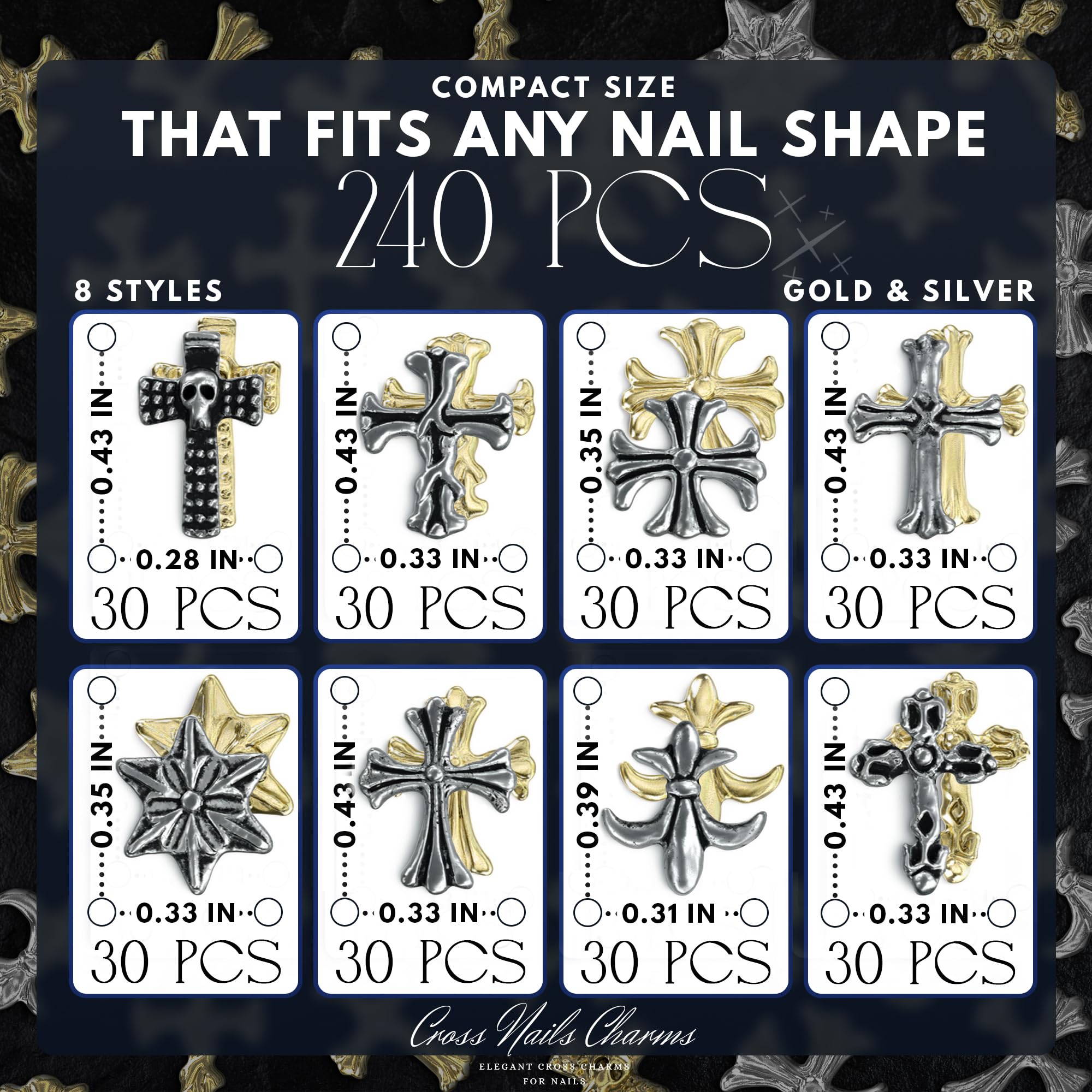 ZOKLU Silver & Gold Cross Nail Charms – 240 Pcs for Home, Salon & Holiday Manicures