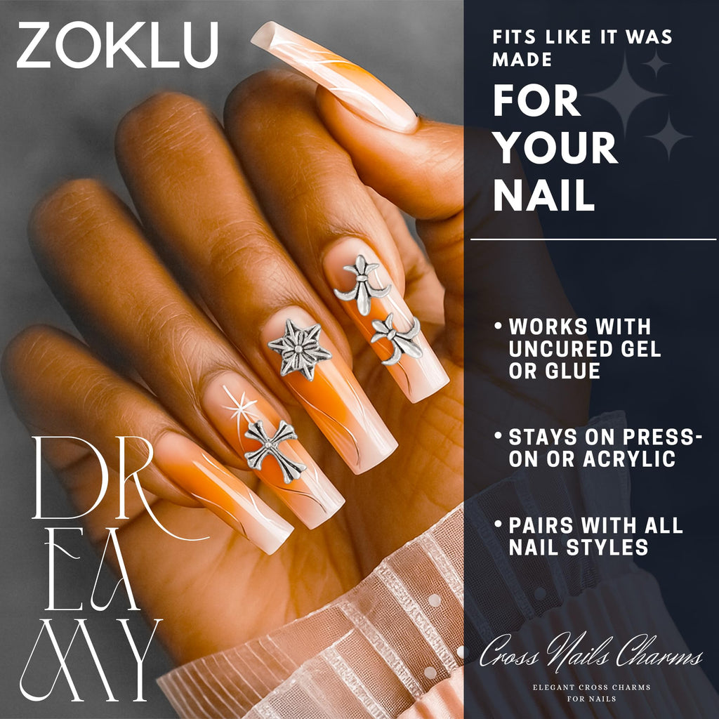 ZOKLU Silver & Gold Cross Nail Charms – 240 Pcs for Home, Salon & Holiday Manicures