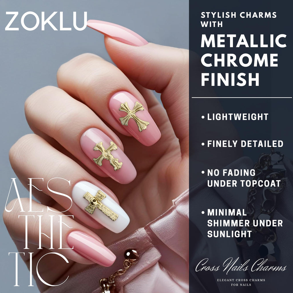 ZOKLU Silver & Gold Cross Nail Charms – 240 Pcs for Home, Salon & Holiday Manicures