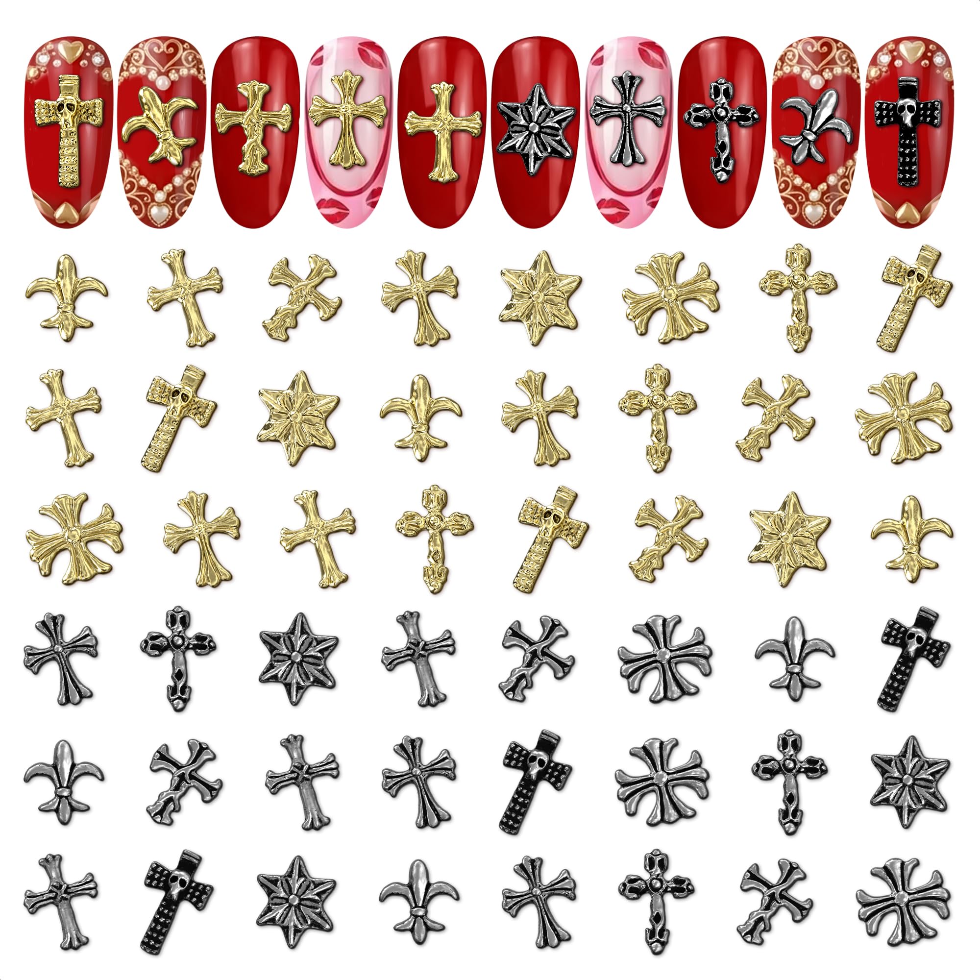 ZOKLU Silver & Gold Cross Nail Charms – 240 Pcs for Home, Salon & Holiday Manicures