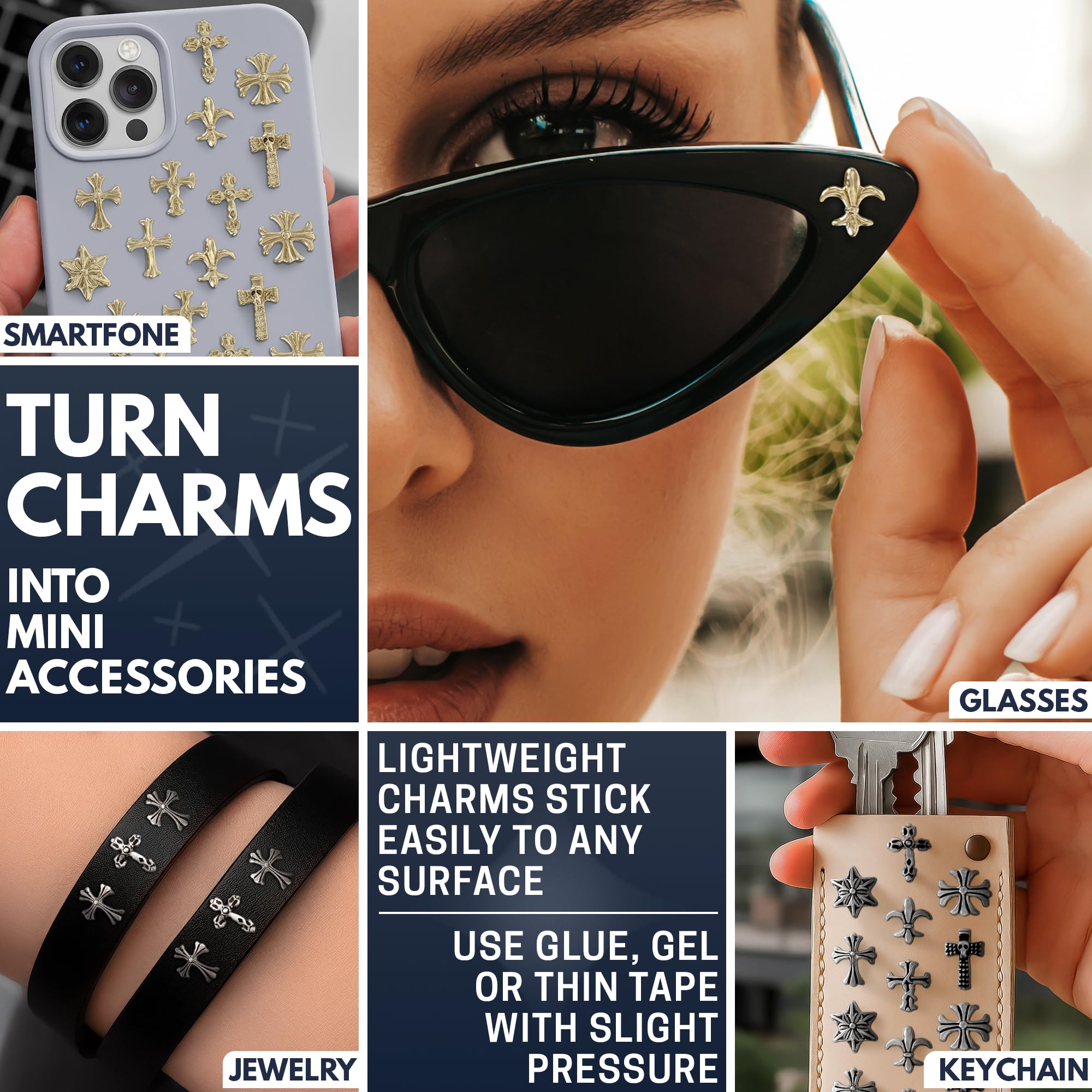 ZOKLU Silver & Gold Cross Nail Charms – 240 Pcs for Home, Salon & Holiday Manicures