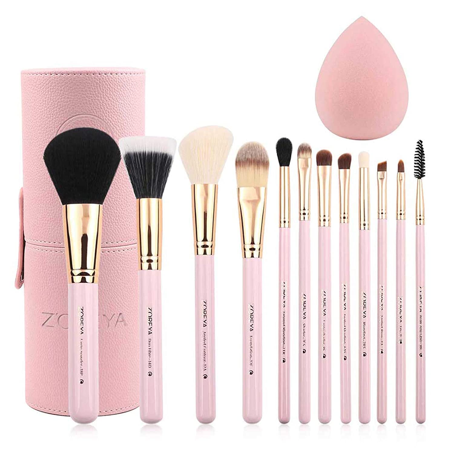Z'OREYA 12-Piece Pink Makeup Brush Set – Travel Case, Vegan Synthetic Brushes
