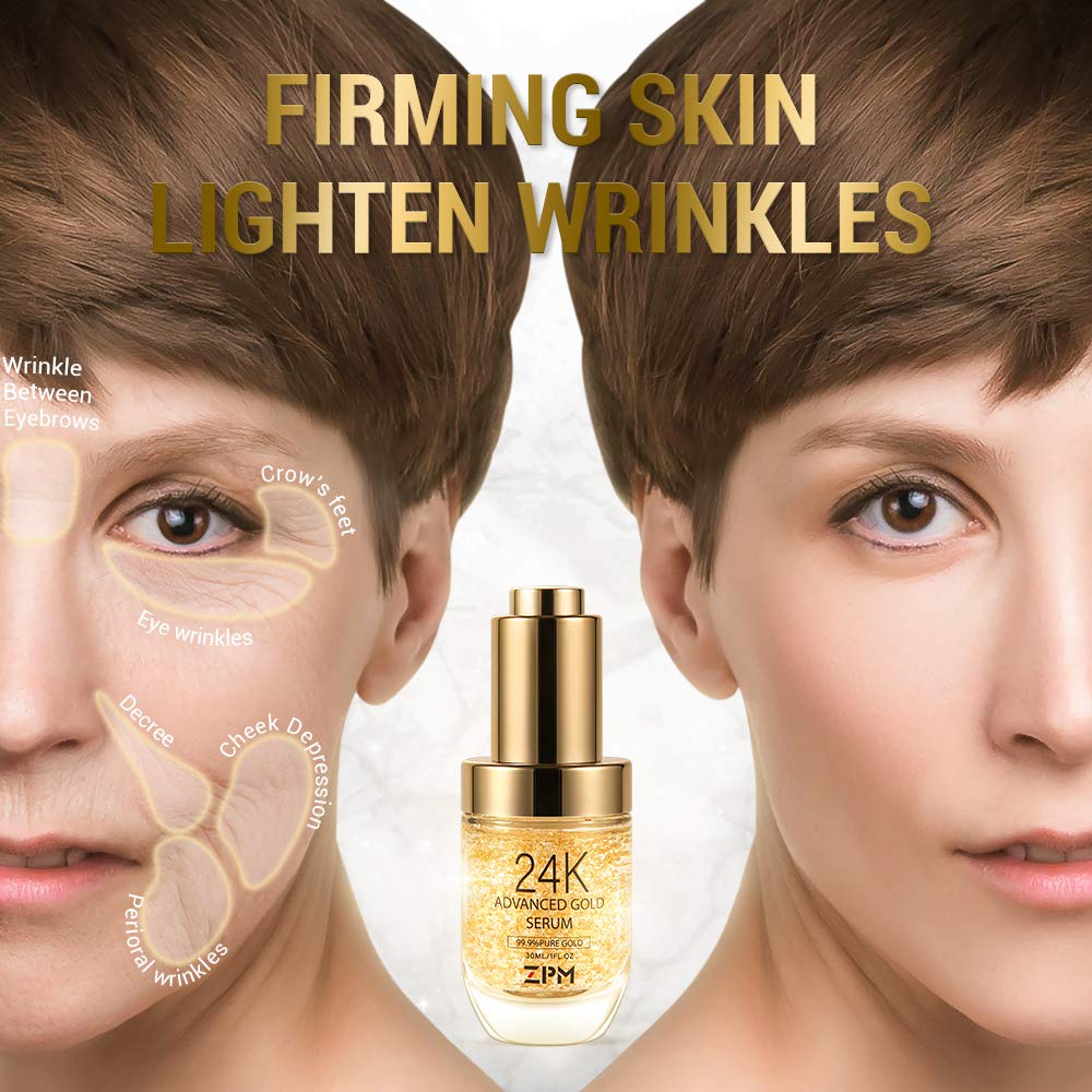 ZPM 24K Gold Anti Aging Serum with Vitamin C & Hyaluronic Acid – Day & Night Hydration (1 oz)