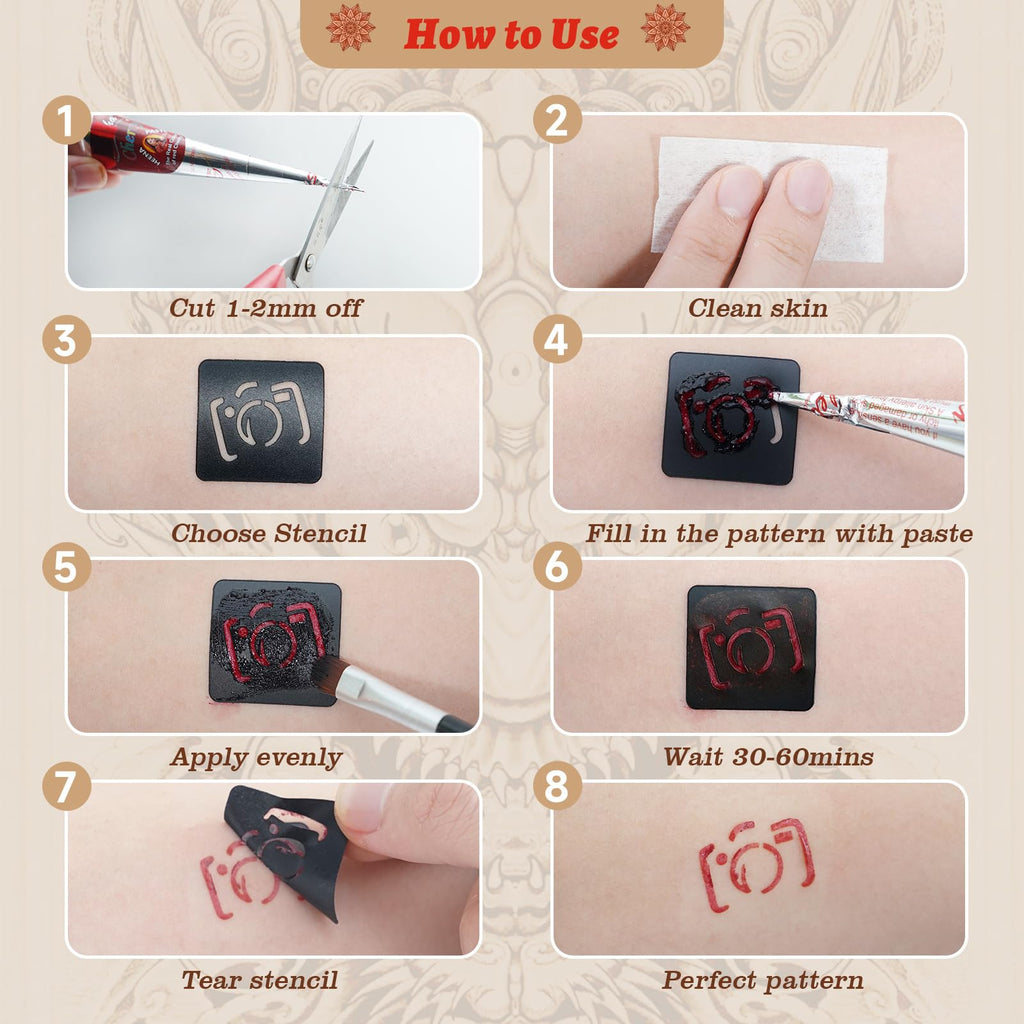 ZPTYCHZ Temporary Tattoo Kit – 6 Pcs Cones, 4 Inks, Stencils & Gloves
