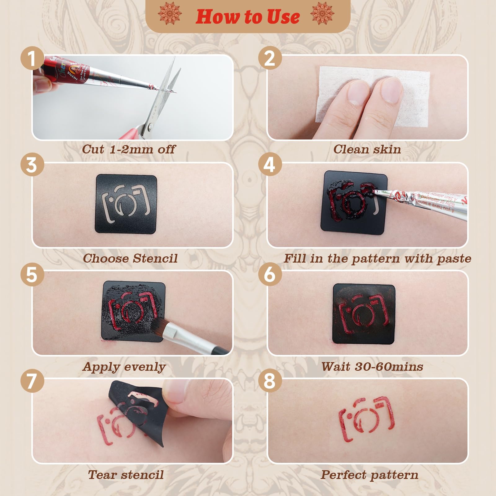 ZPTYCHZ Temporary Tattoo Kit – 6 Pcs Cones, 4 Inks, Stencils & Gloves