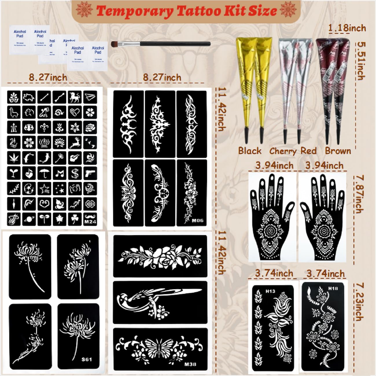 ZPTYCHZ Temporary Tattoo Kit – 6 Pcs Cones, 4 Inks, Stencils & Gloves
