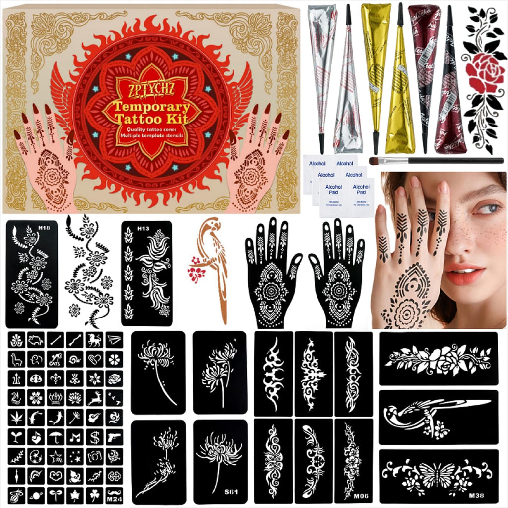 ZPTYCHZ Temporary Tattoo Kit – 6 Pcs Cones, 4 Inks, Stencils & Gloves